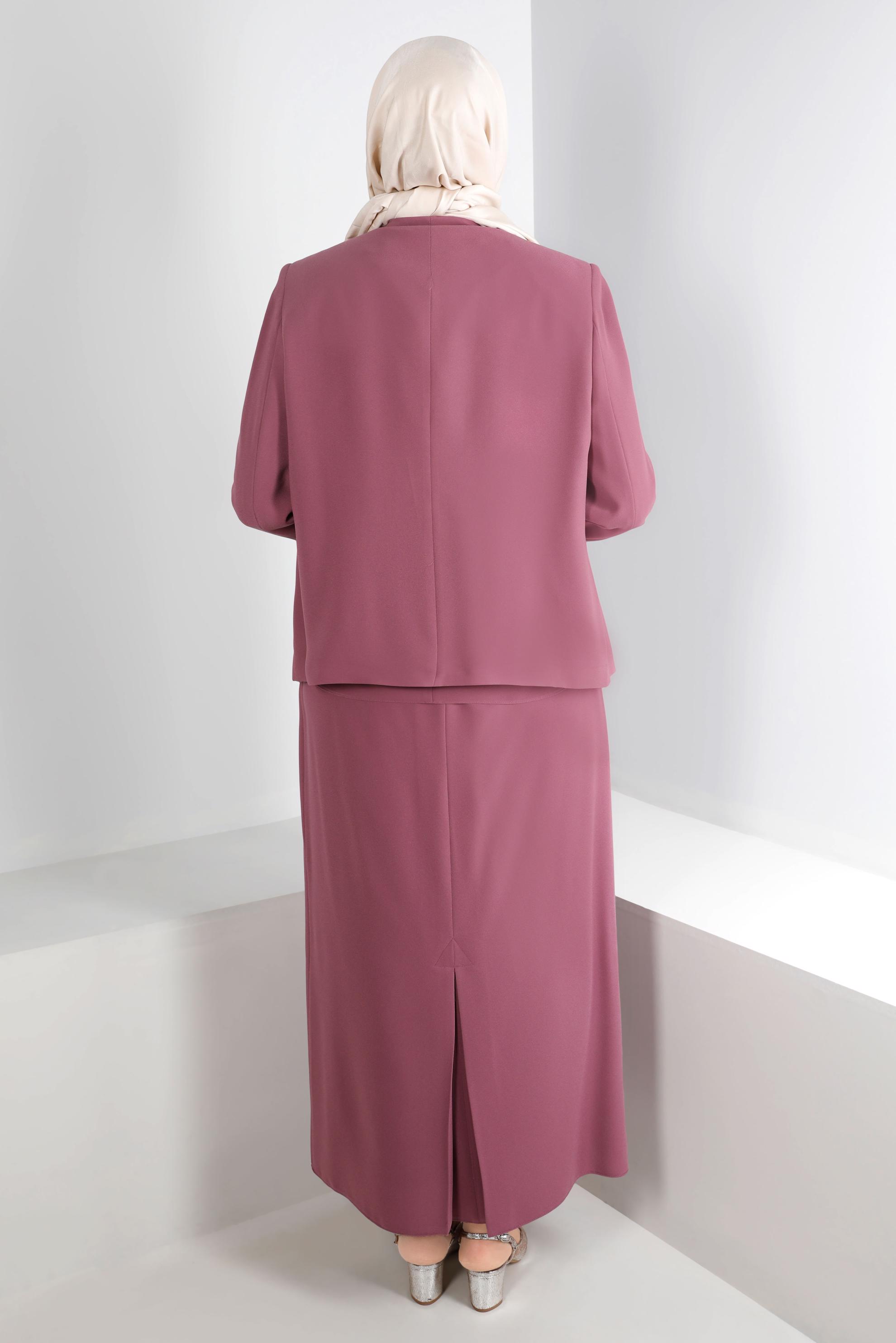 Tesettür giyim PEMBE ZIMBA DETAYLI KREP ÜÇLÜ ETEKLİ TAKIM 30286 