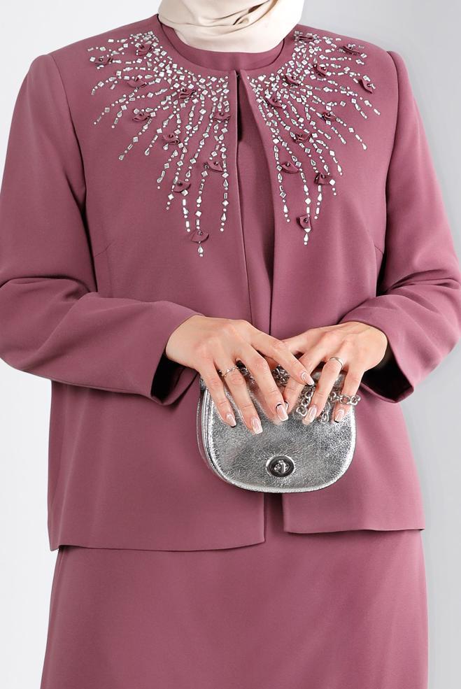 Tesettür giyim PEMBE ZIMBA DETAYLI KREP ÜÇLÜ ETEKLİ TAKIM 30286  - ALVİNA