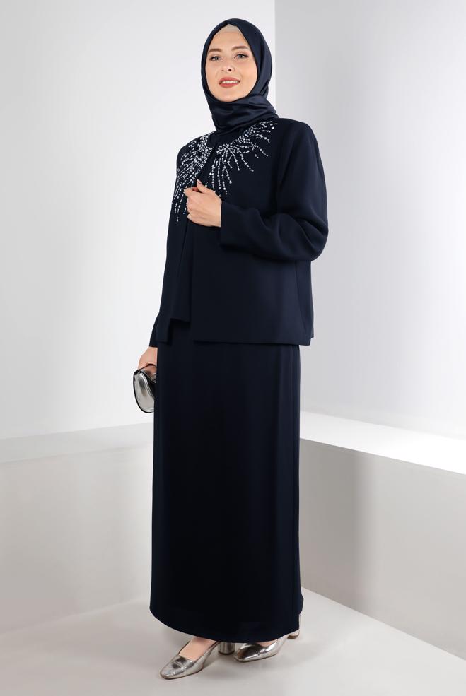 Vêtements hijab BLEU MARINE ENSEMBLE JUPE EN CRÊPE DÉTAILLÉ 3 PIÈCES 30286 - ALVİNA