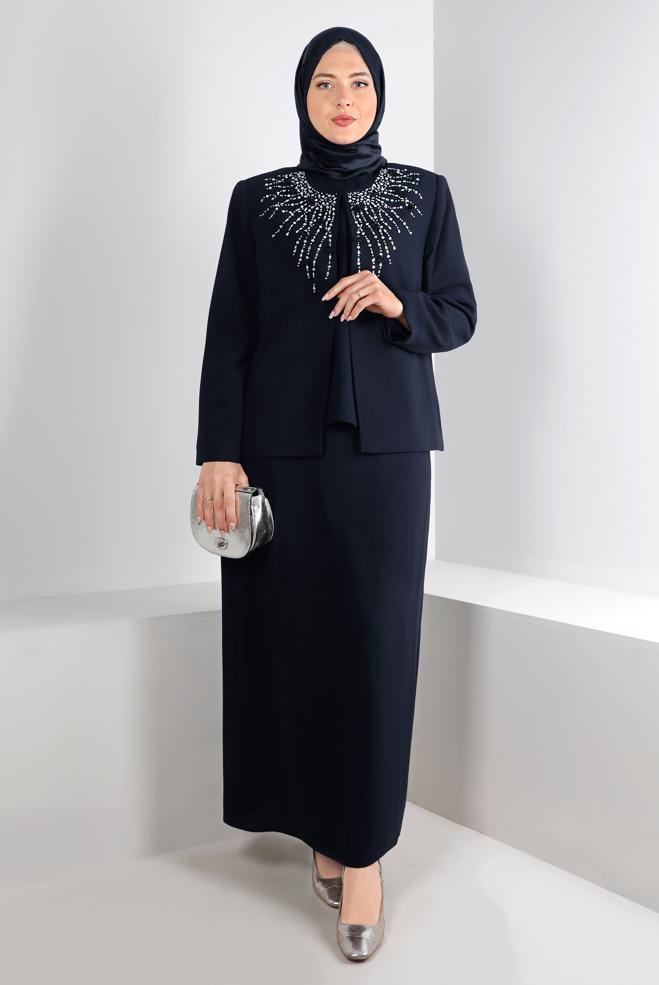 Vêtements hijab BLEU MARINE ENSEMBLE JUPE EN CRÊPE DÉTAILLÉ 3 PIÈCES 30286 - ALVİNA