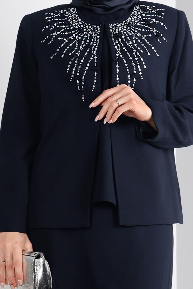 Vêtements hijab BLEU MARINE ENSEMBLE JUPE EN CRÊPE DÉTAILLÉ 3 PIÈCES 30286 - ALVİNA