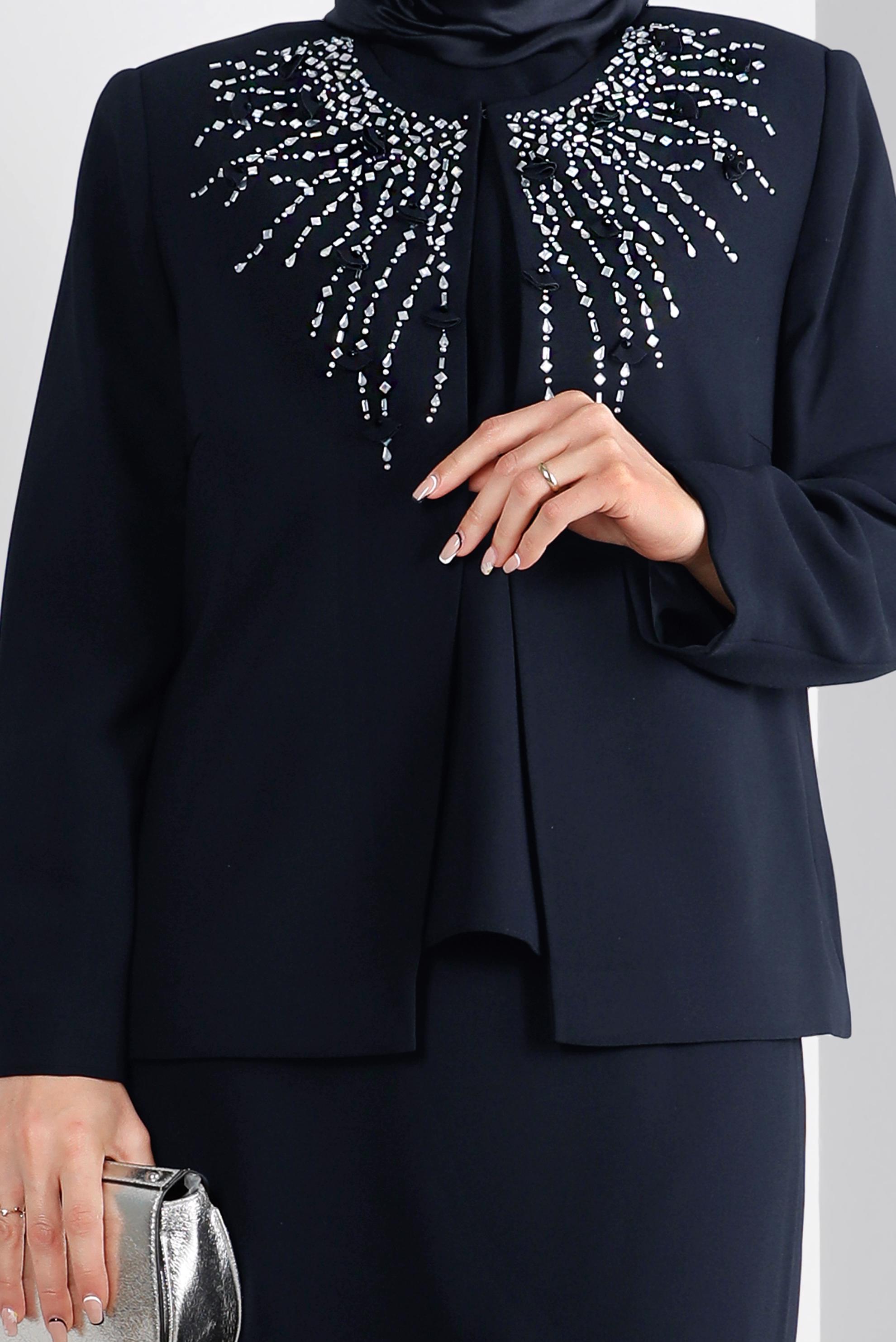 Tesettür giyim LACİVERT ZIMBA DETAYLI KREP ÜÇLÜ ETEKLİ TAKIM 30286 