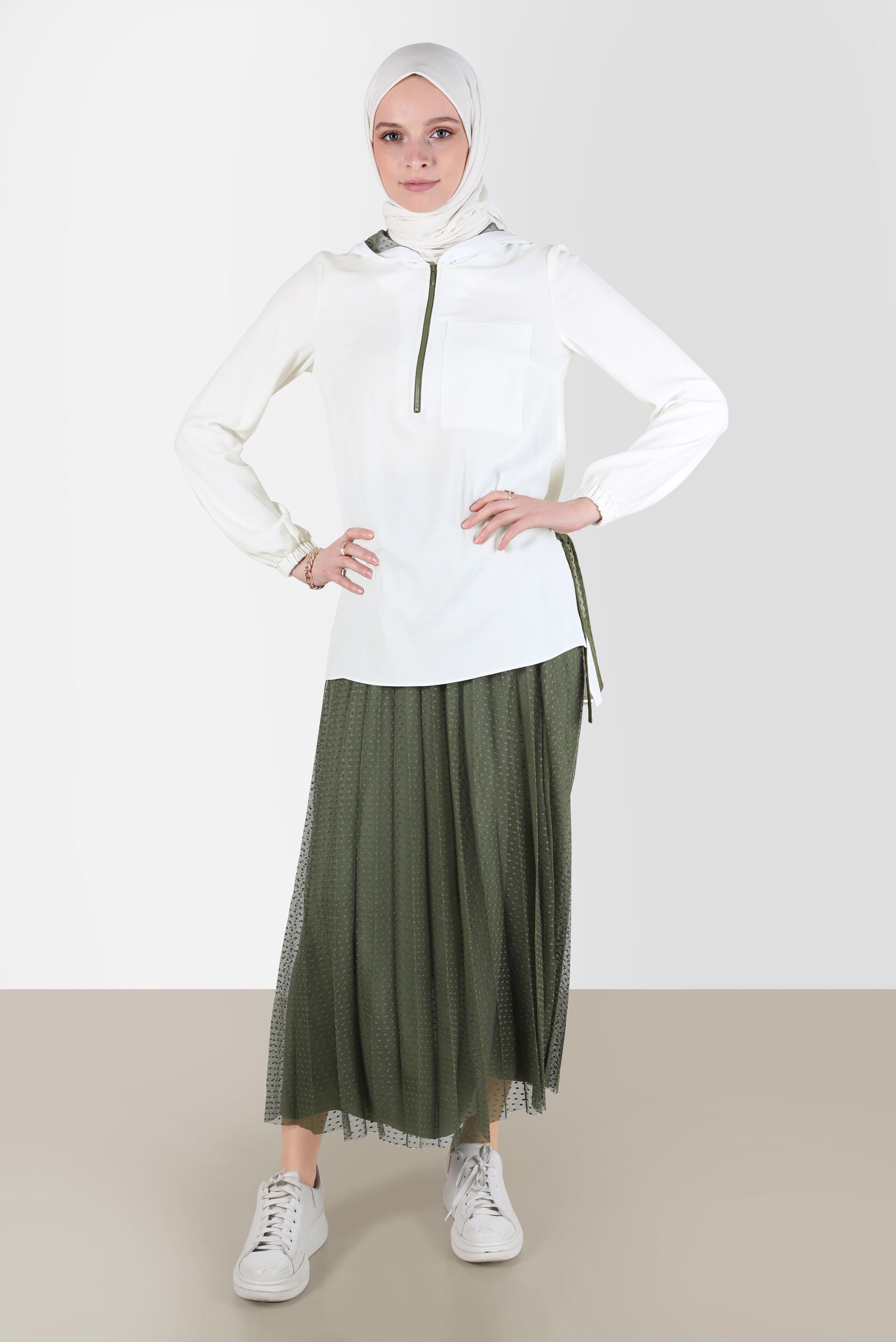Tesettür giyim YEŞİL FERMUARLI KAPÜŞONLU İKİLİ ETEKLİ TAKIM 41768