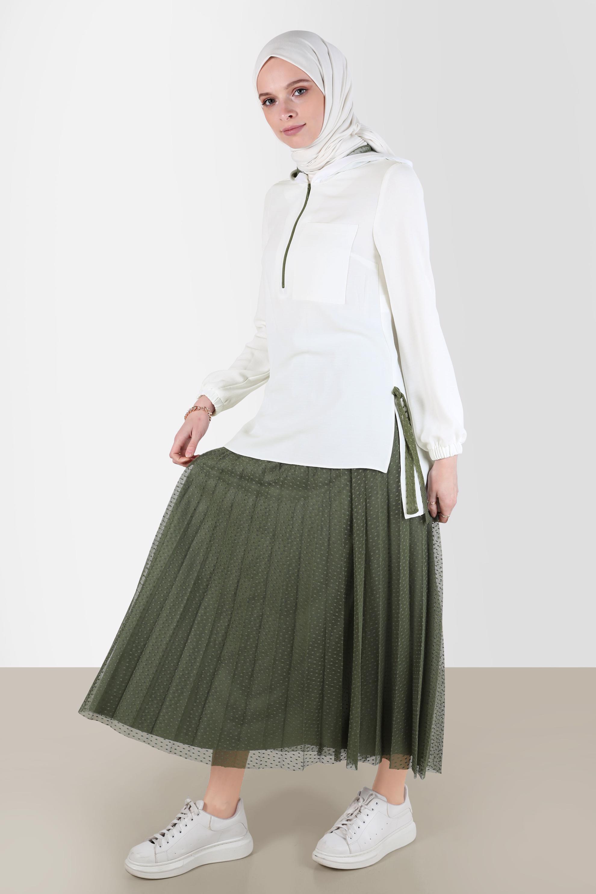 Tesettür giyim YEŞİL FERMUARLI KAPÜŞONLU İKİLİ ETEKLİ TAKIM 41768
