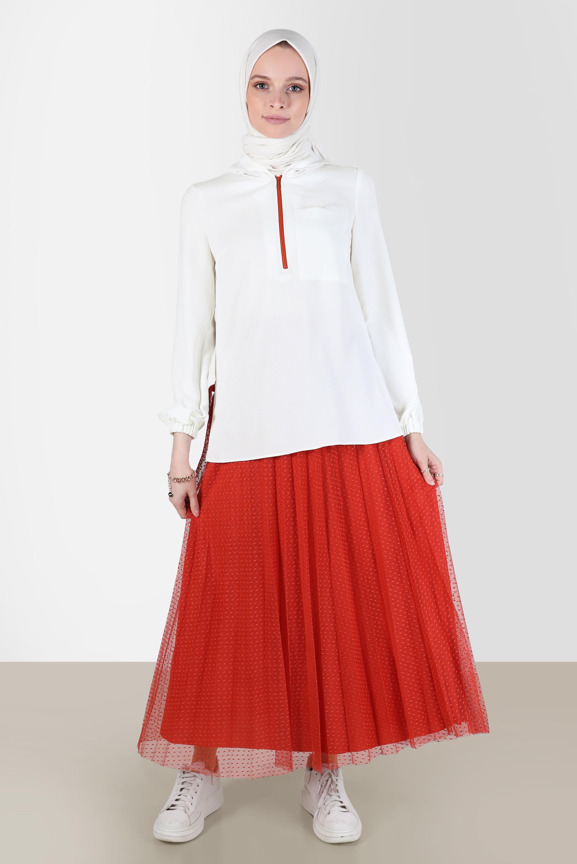 Tesettür giyim TURUNCU FERMUARLI KAPÜŞONLU İKİLİ ETEKLİ TAKIM 41768