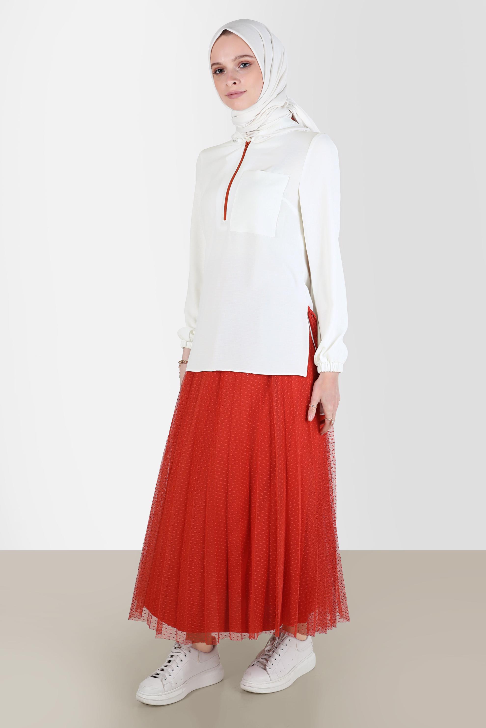 Tesettür giyim TURUNCU FERMUARLI KAPÜŞONLU İKİLİ ETEKLİ TAKIM 41768