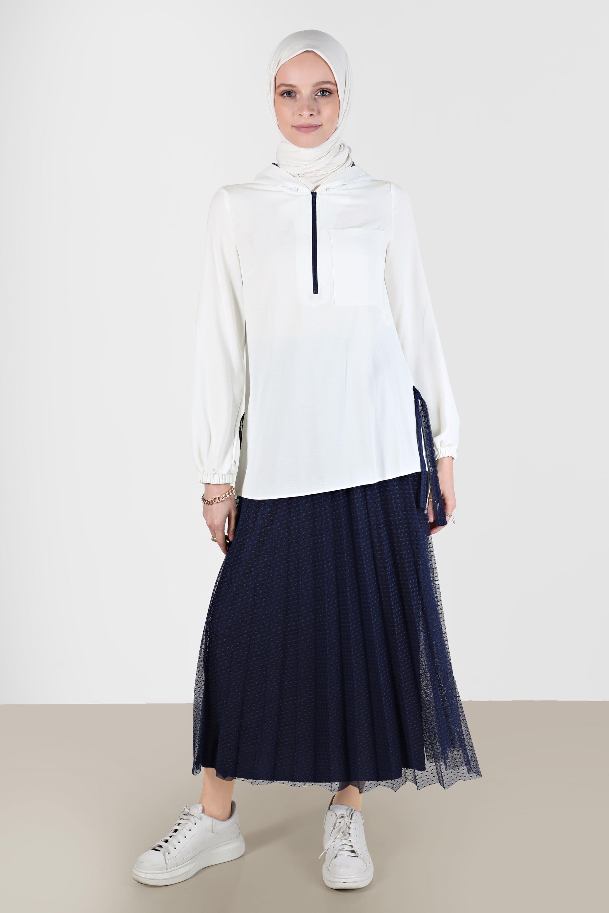 Tesettür giyim LACİVERT FERMUARLI KAPÜŞONLU İKİLİ ETEKLİ TAKIM 41768