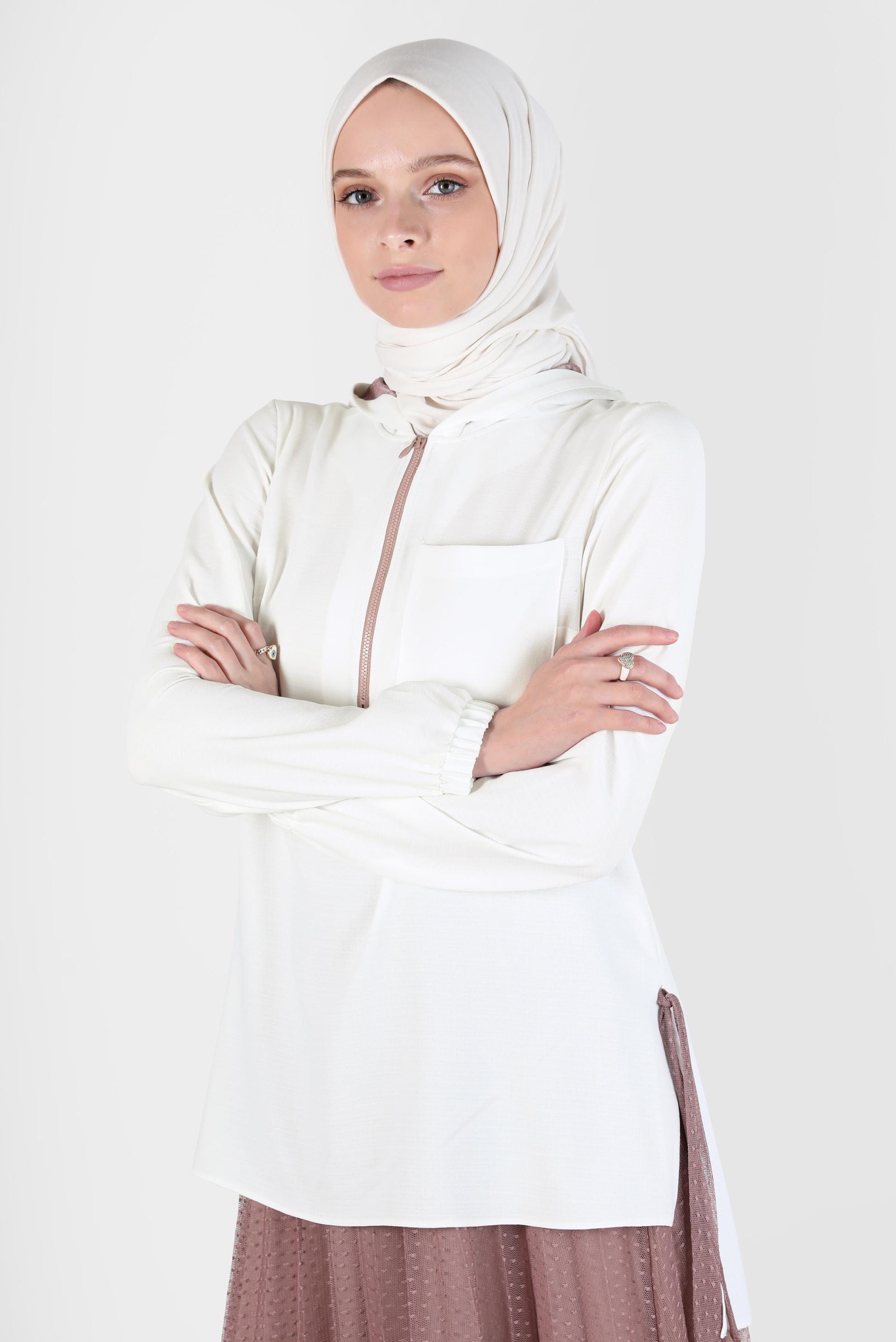 Tesettür giyim PEMBE FERMUARLI KAPÜŞONLU İKİLİ ETEKLİ TAKIM 41768