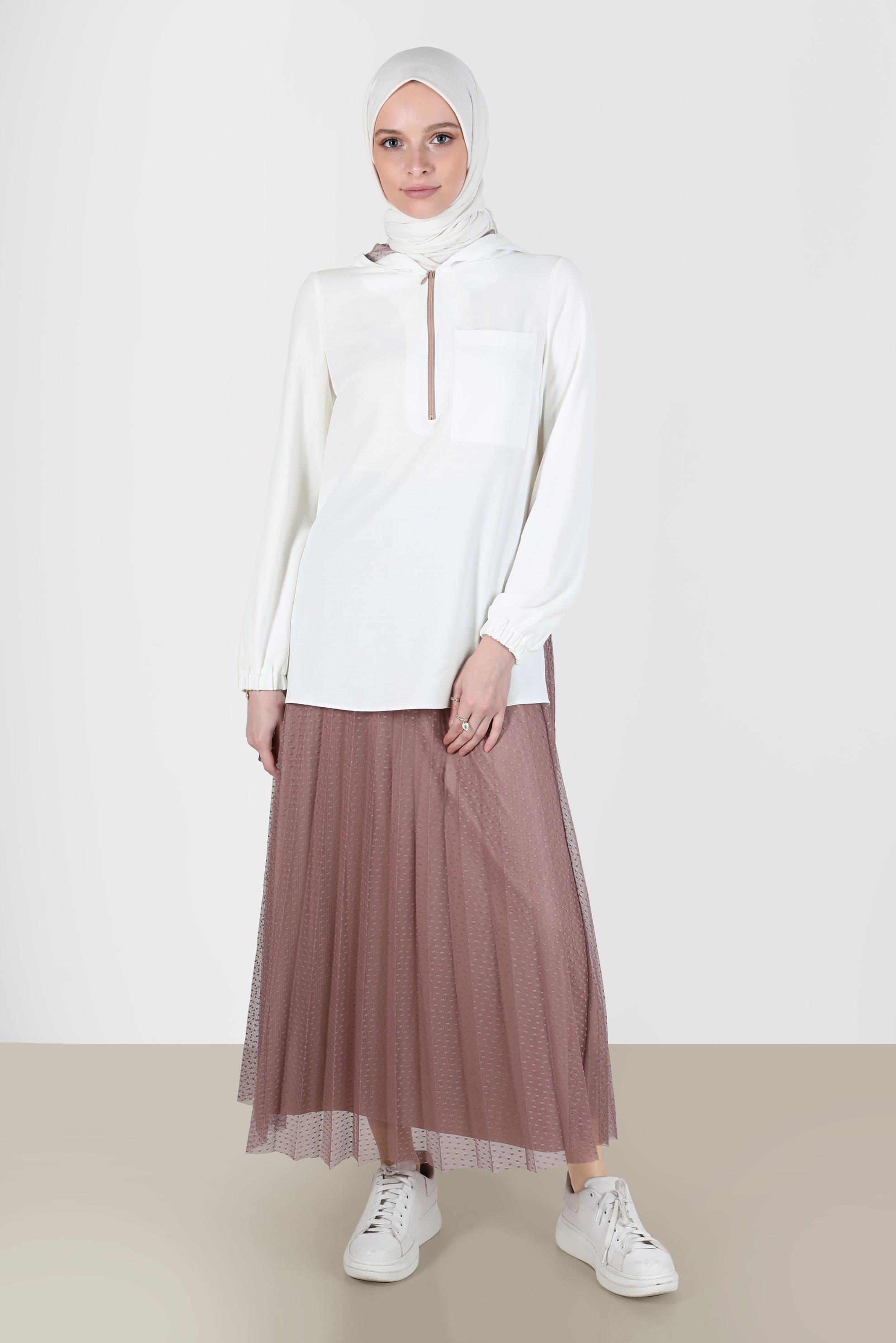 Tesettür giyim PEMBE FERMUARLI KAPÜŞONLU İKİLİ ETEKLİ TAKIM 41768
