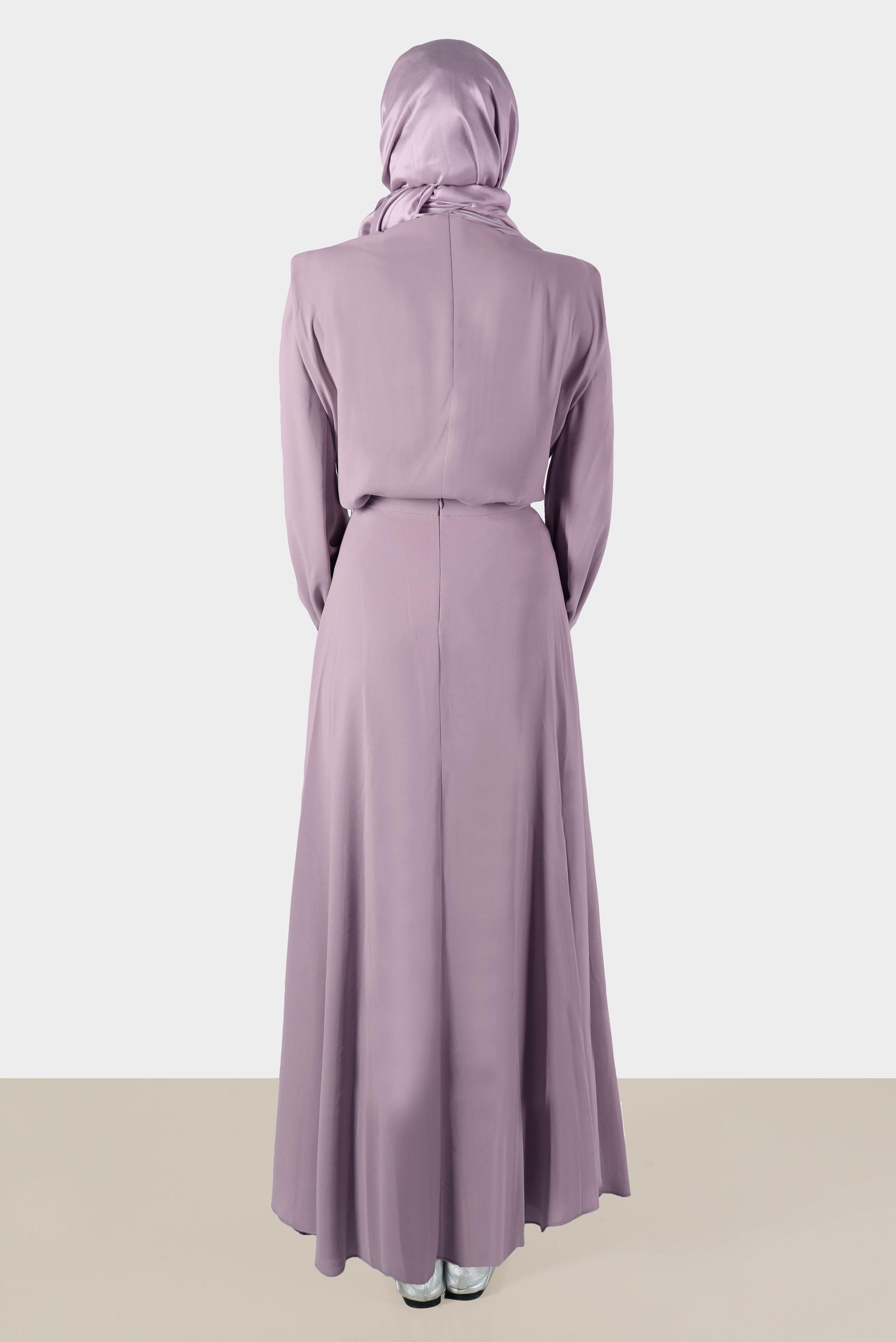 Tesettür giyim MOR VATKALI BAĞLAMA DETAYLI İKİLİ ETEKLİ TAKIM 42519 