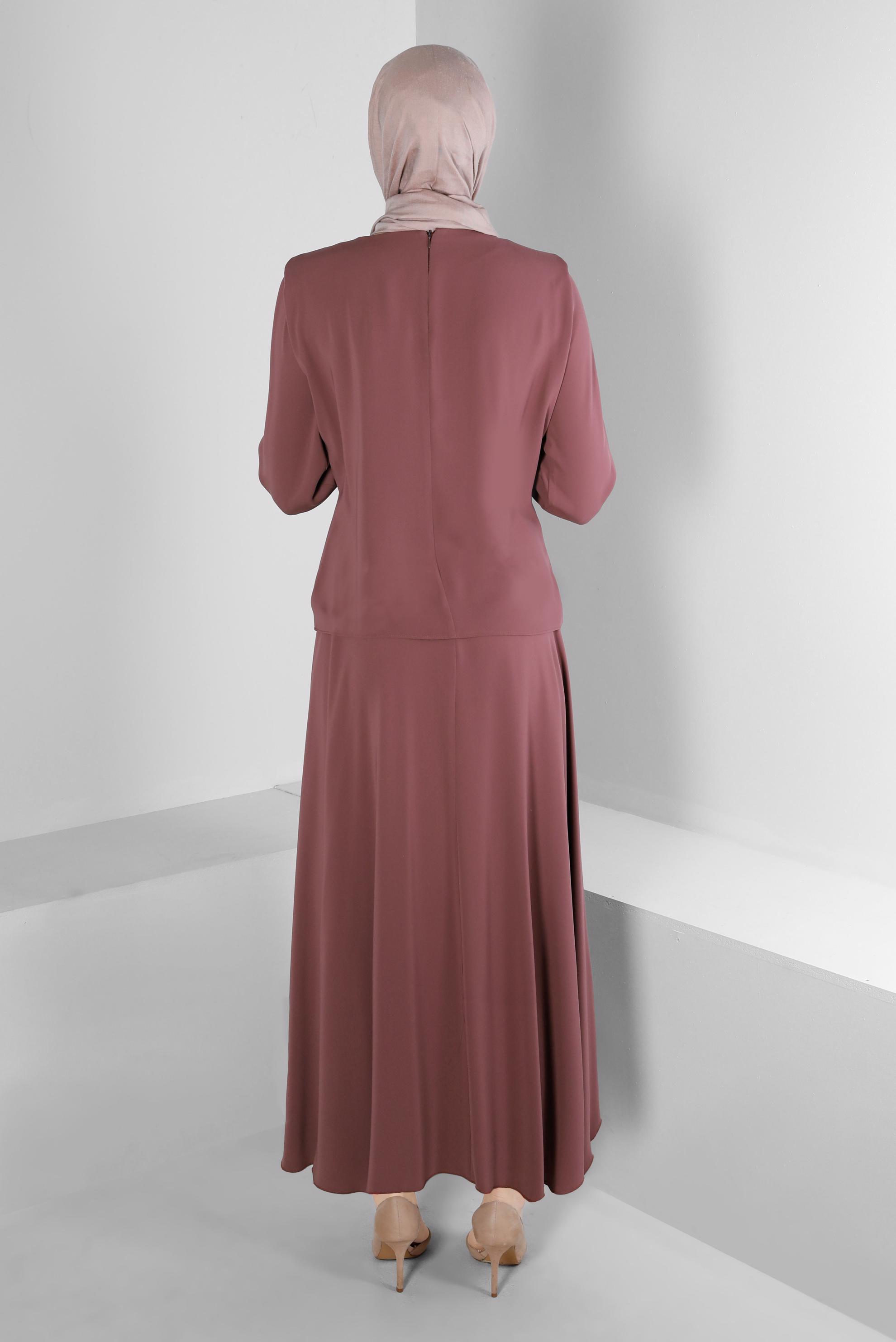 Tesettür giyim PEMBE VATKALI BAĞLAMA DETAYLI İKİLİ ETEKLİ TAKIM 42519 
