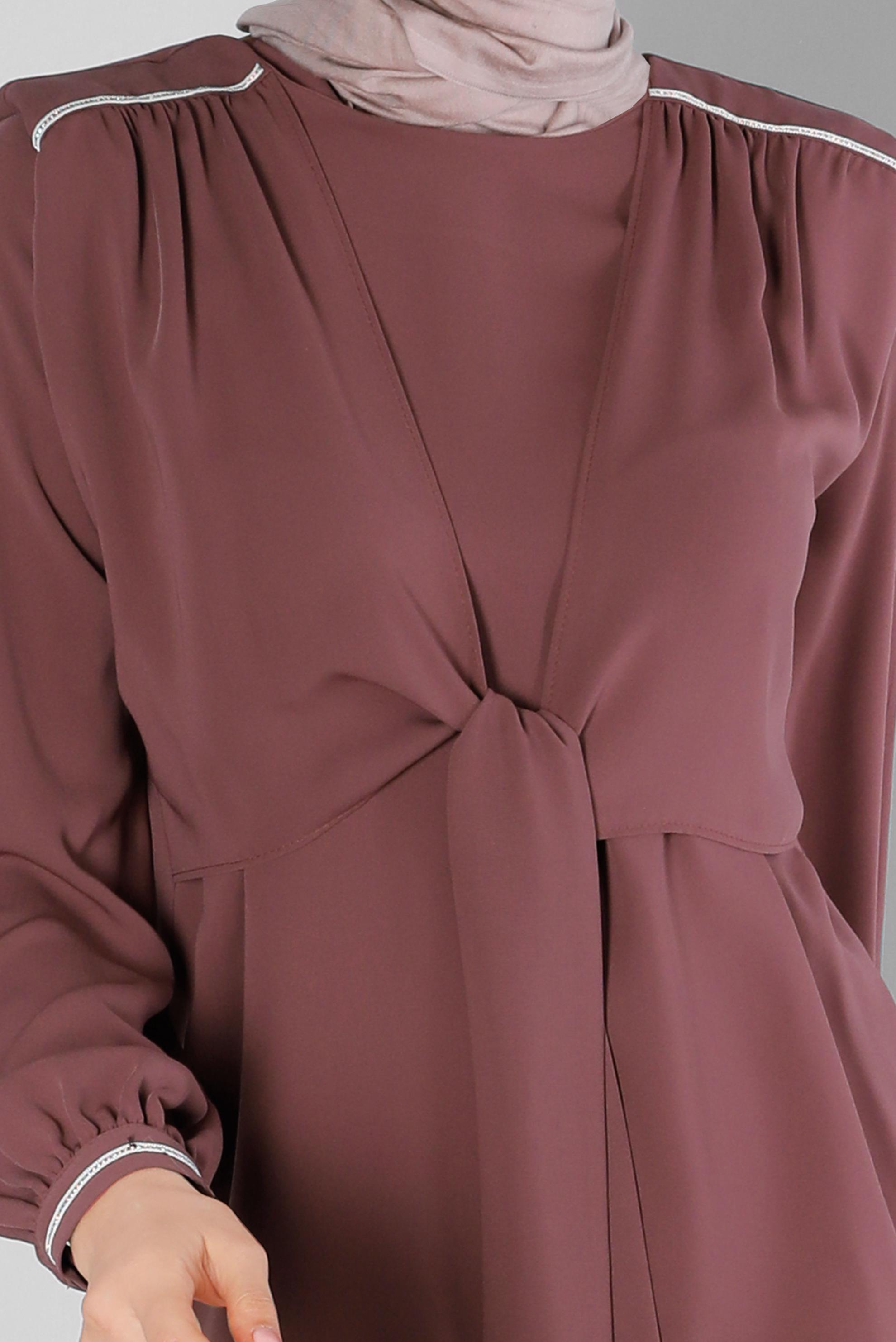 Tesettür giyim PEMBE VATKALI BAĞLAMA DETAYLI İKİLİ ETEKLİ TAKIM 42519 