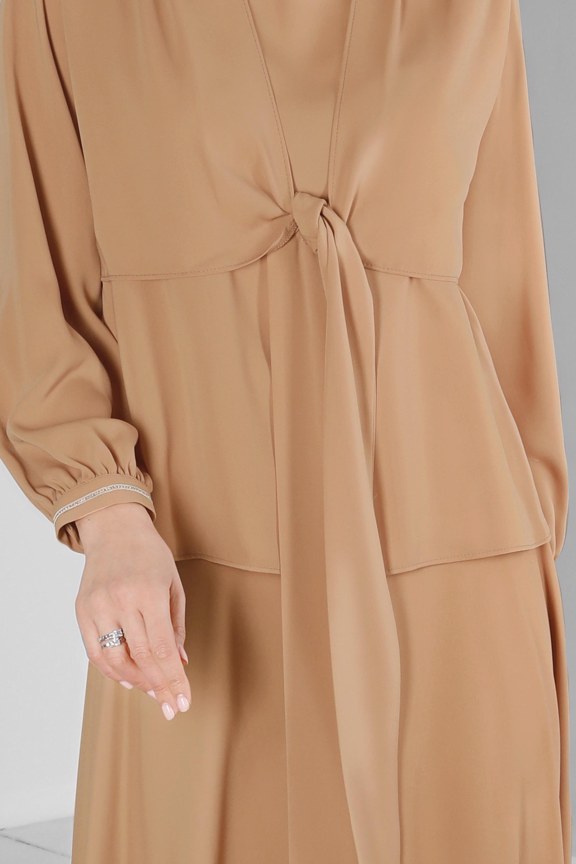 Tesettür giyim PEMBE VATKALI BAĞLAMA DETAYLI İKİLİ ETEKLİ TAKIM 42519 