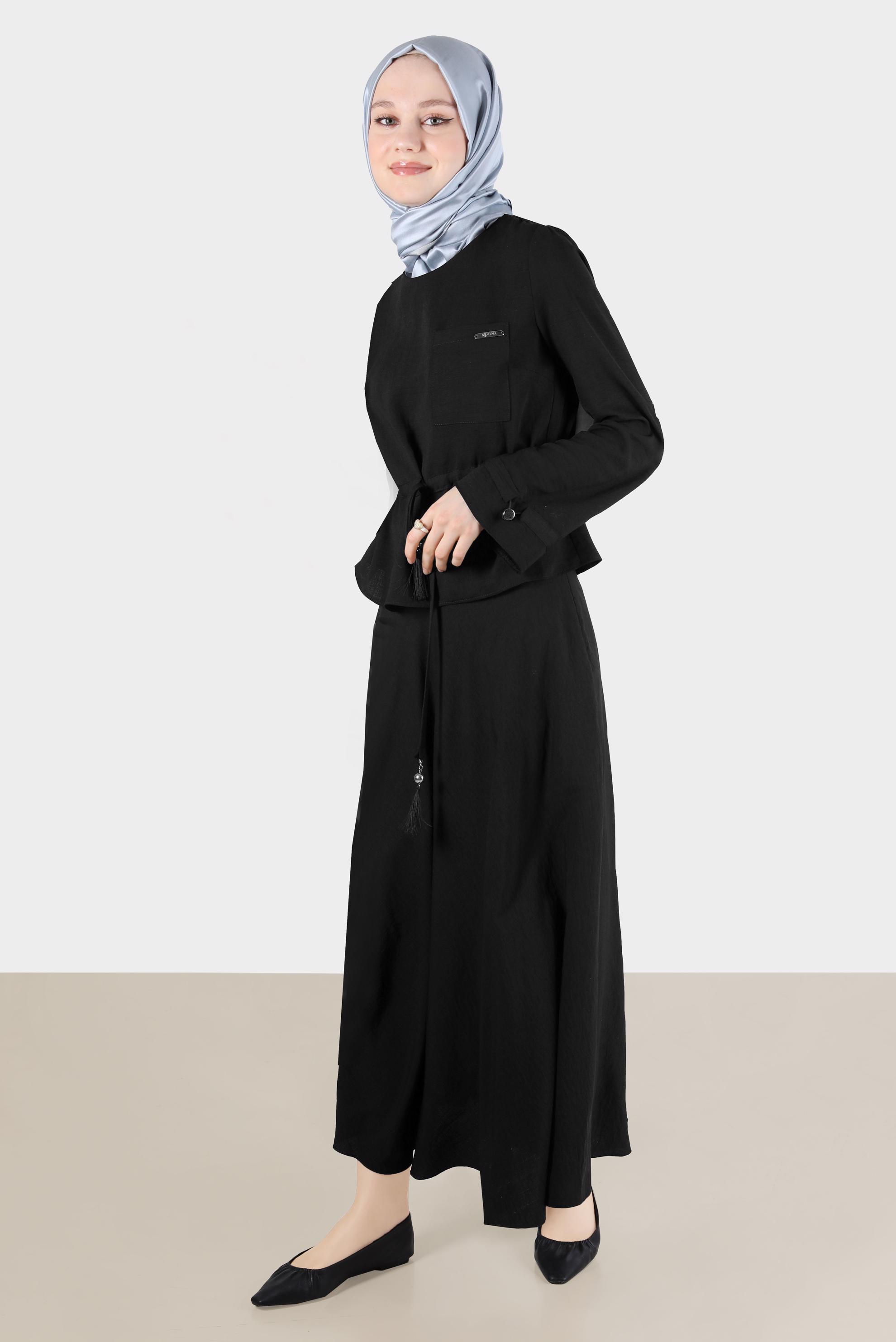 Tesettür giyim SİYAH BELİ VE MANŞETLERİ BÜZGÜLÜ İKİLİ ETEKLİ TAKIM 42589 