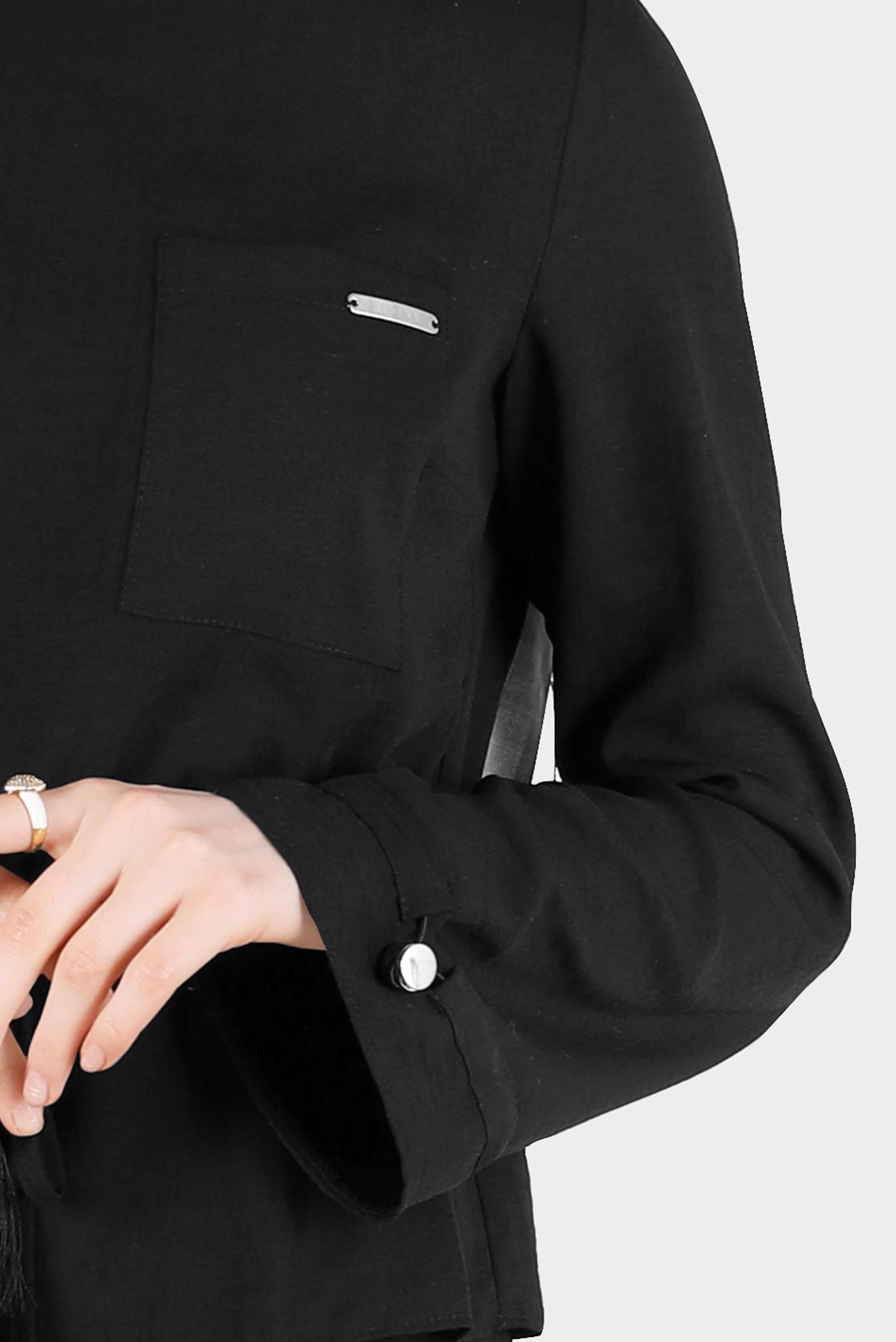 Tesettür giyim SİYAH BELİ VE MANŞETLERİ BÜZGÜLÜ İKİLİ ETEKLİ TAKIM 42589 