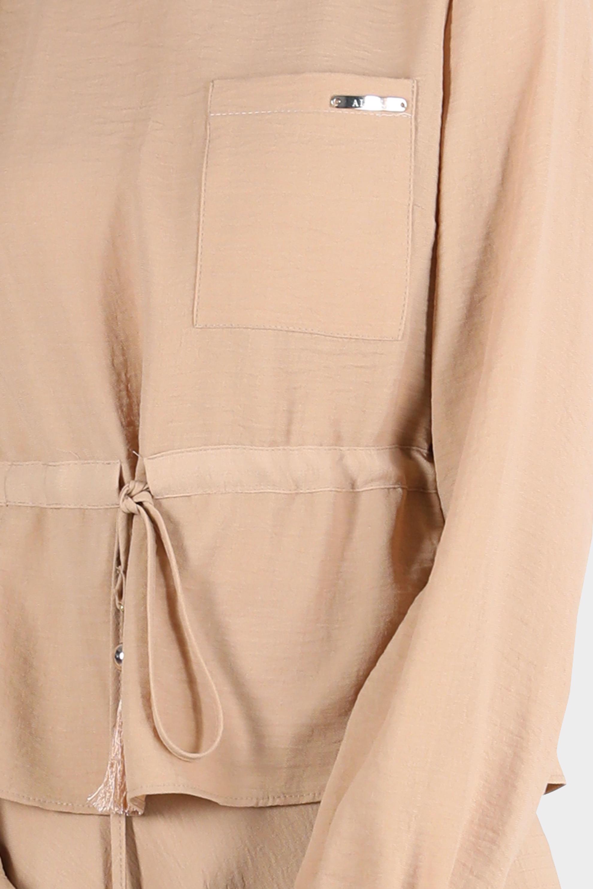 Tesettür giyim BEJ BELİ VE MANŞETLERİ BÜZGÜLÜ İKİLİ ETEKLİ TAKIM 42589 