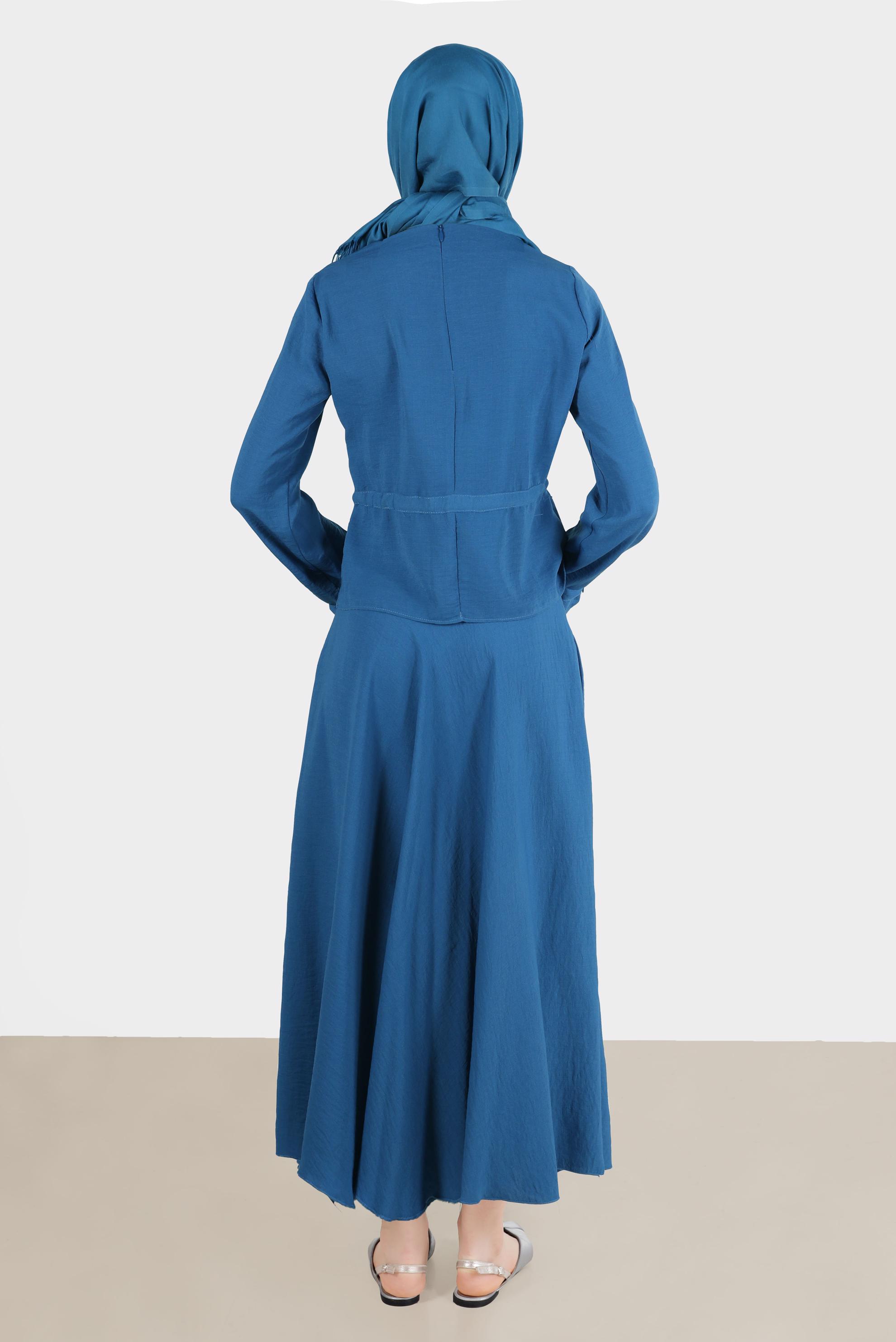 Tesettür giyim LACİVERT BELİ VE MANŞETLERİ BÜZGÜLÜ İKİLİ ETEKLİ TAKIM 42589 