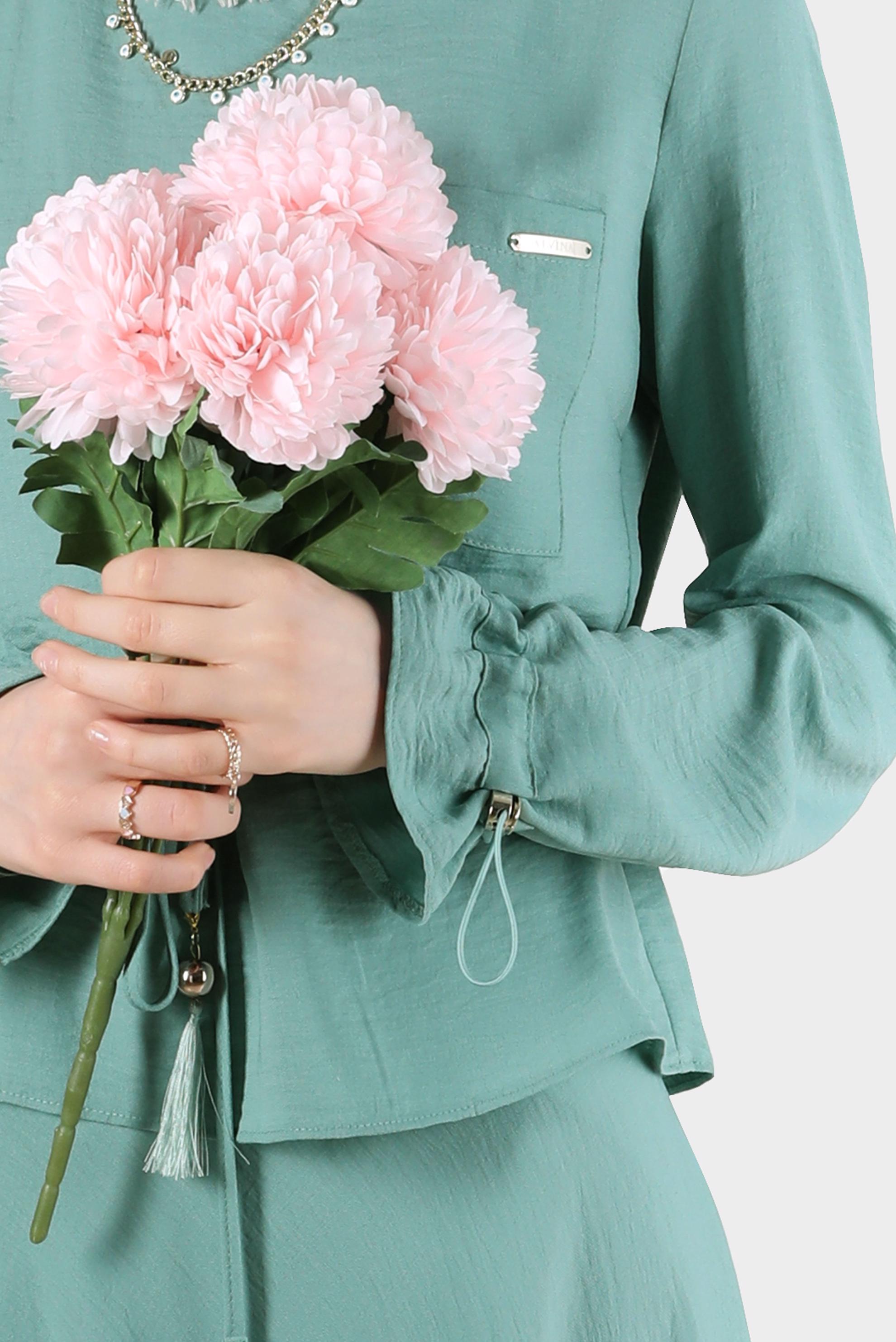 Tesettür giyim MAVİ BELİ VE MANŞETLERİ BÜZGÜLÜ İKİLİ ETEKLİ TAKIM 42589 