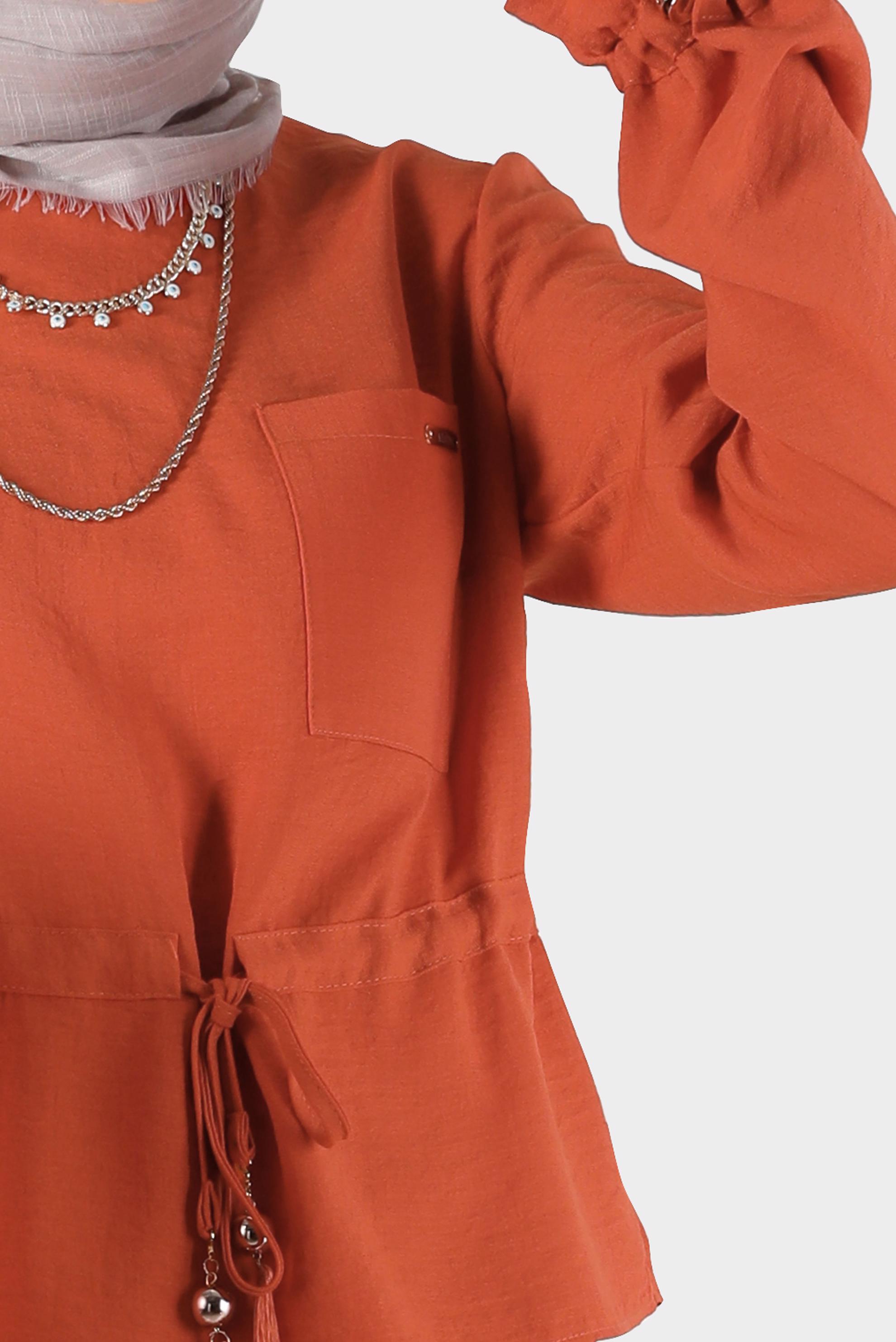 Tesettür giyim TURUNCU BELİ VE MANŞETLERİ BÜZGÜLÜ İKİLİ ETEKLİ TAKIM 42589 