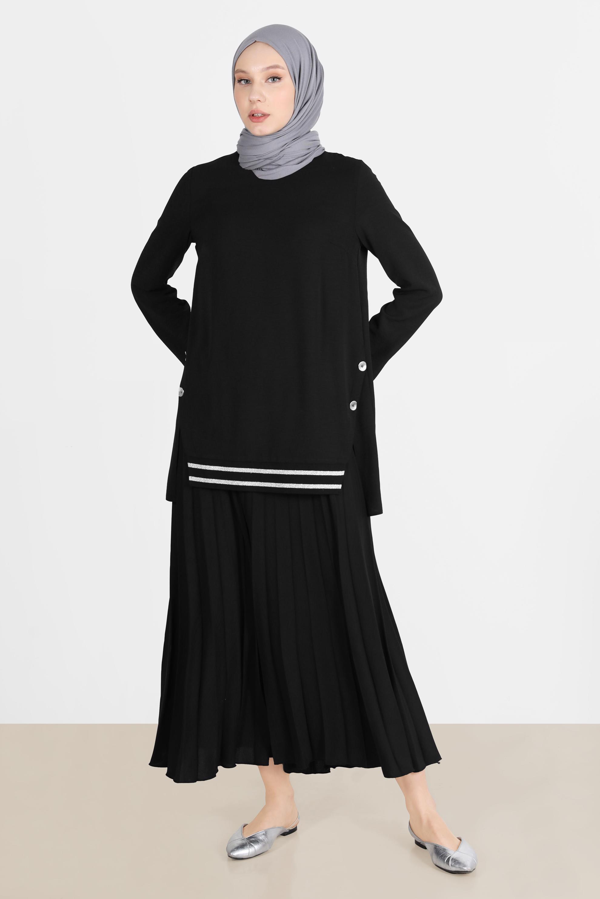 Tesettür giyim SİYAH SİMLİ RİBANALI DÜĞMELİ İKİLİ ETEKLİ TAKIM 42607