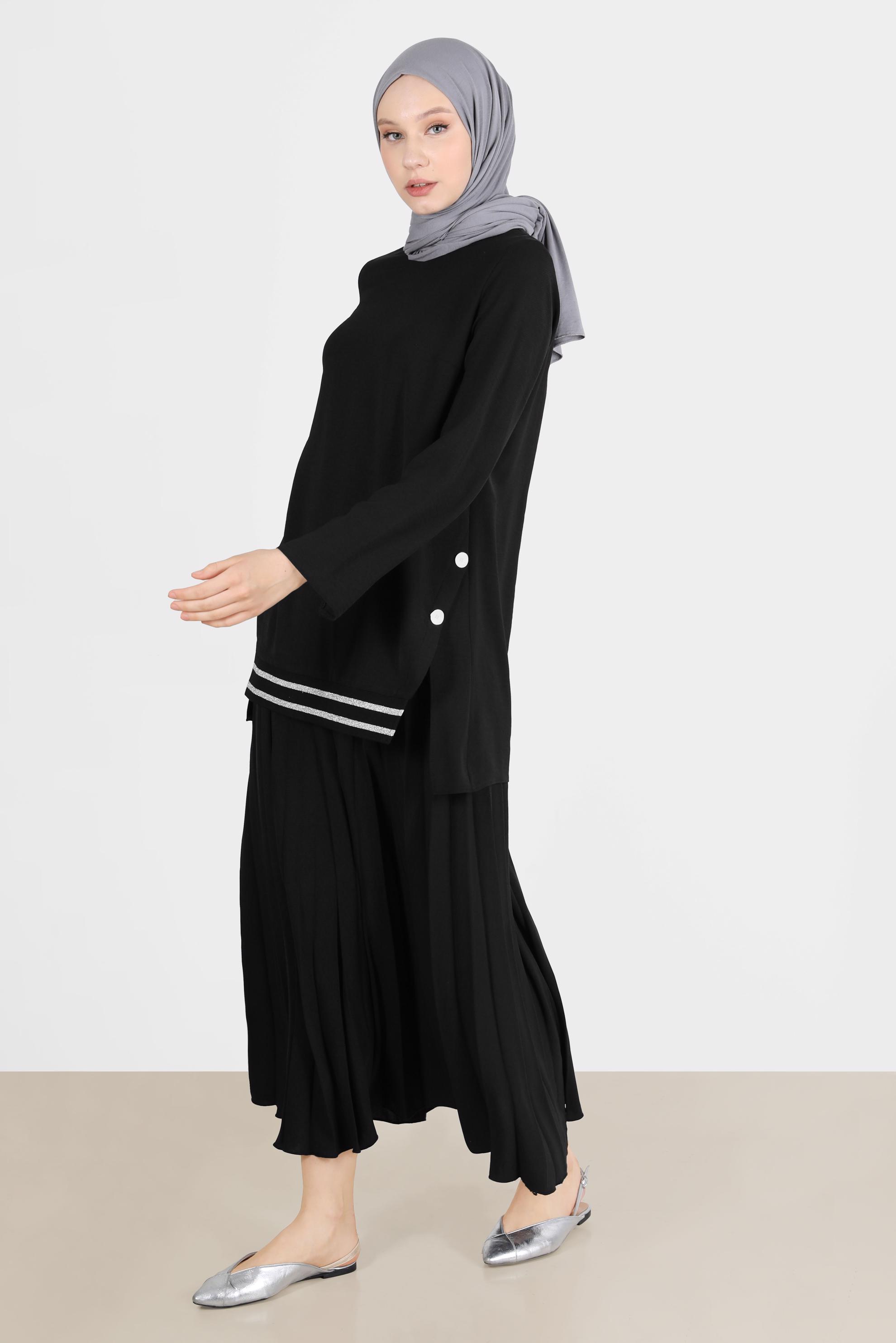 Tesettür giyim SİYAH SİMLİ RİBANALI DÜĞMELİ İKİLİ ETEKLİ TAKIM 42607