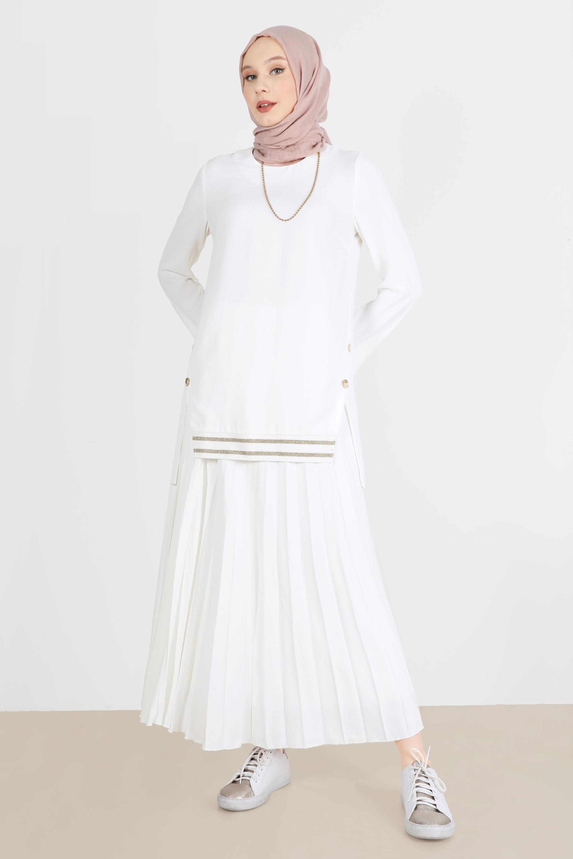 Tesettür giyim BEYAZ SİMLİ RİBANALI DÜĞMELİ İKİLİ ETEKLİ TAKIM 42607