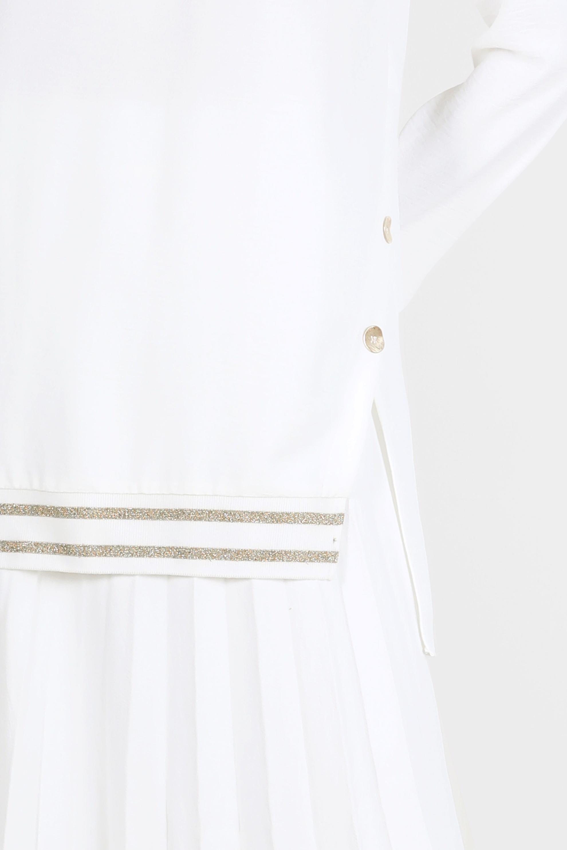 Tesettür giyim BEYAZ SİMLİ RİBANALI DÜĞMELİ İKİLİ ETEKLİ TAKIM 42607