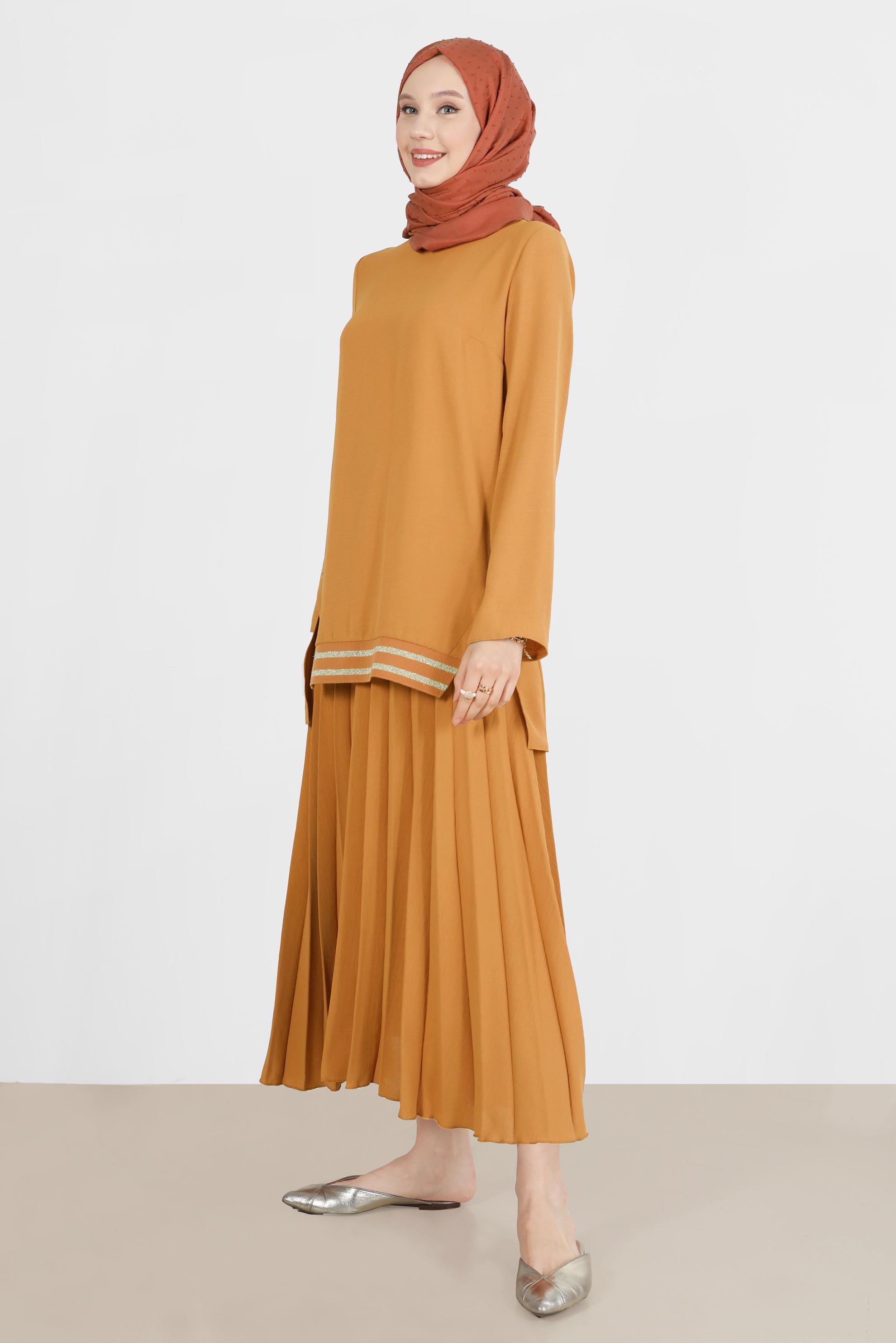 Tesettür giyim SARI SİMLİ RİBANALI DÜĞMELİ İKİLİ ETEKLİ TAKIM 42607