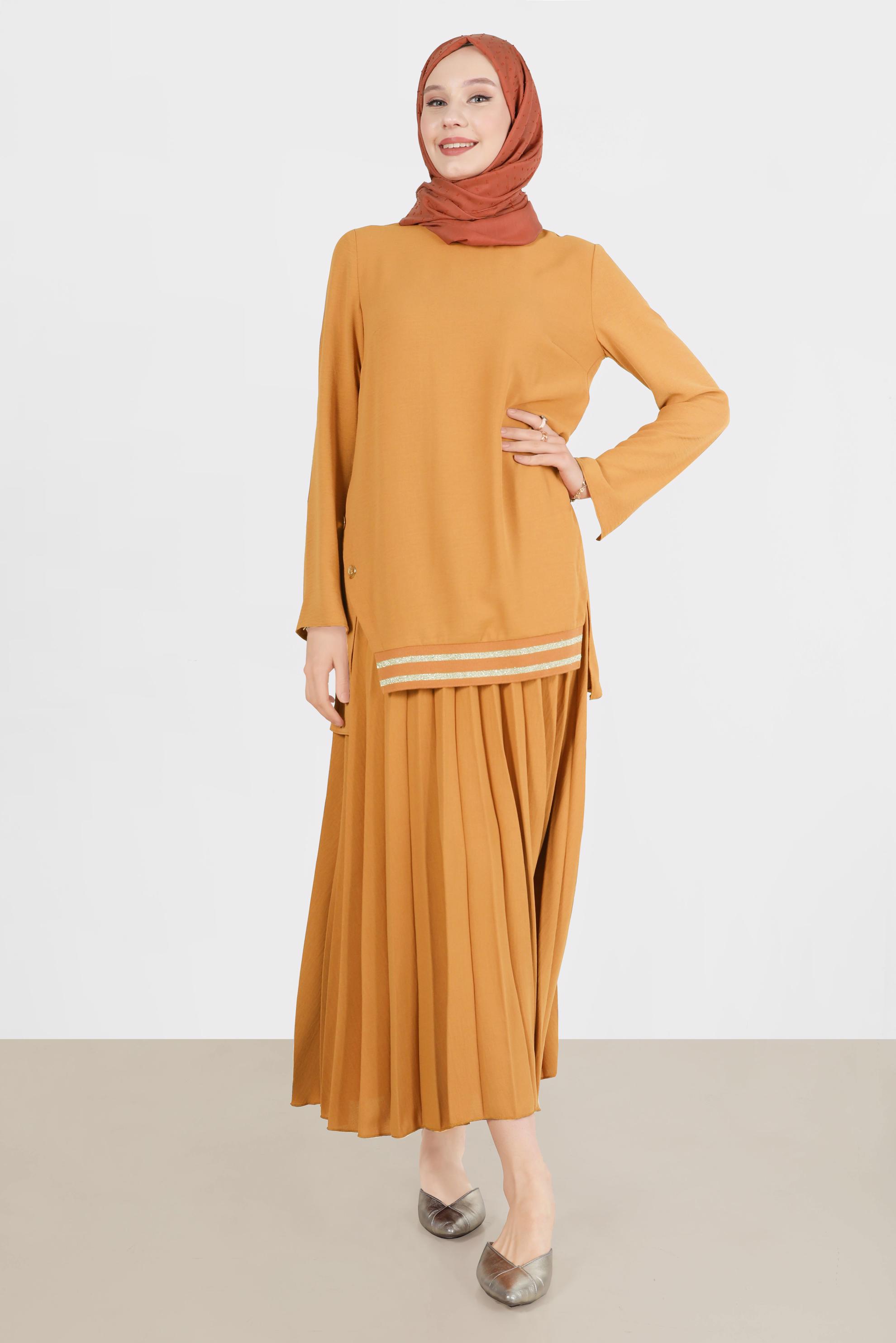 Tesettür giyim SARI SİMLİ RİBANALI DÜĞMELİ İKİLİ ETEKLİ TAKIM 42607