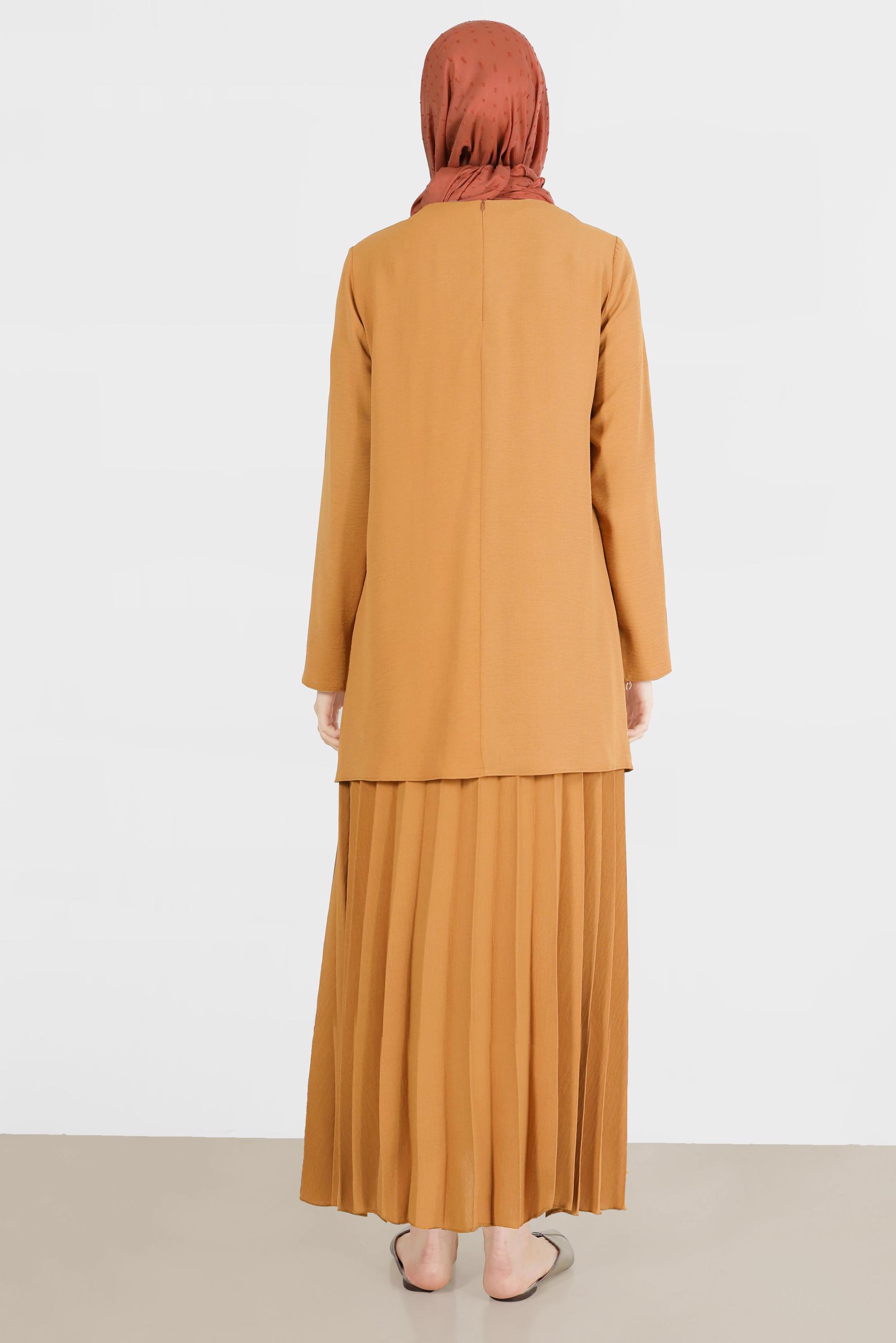 Tesettür giyim SARI SİMLİ RİBANALI DÜĞMELİ İKİLİ ETEKLİ TAKIM 42607