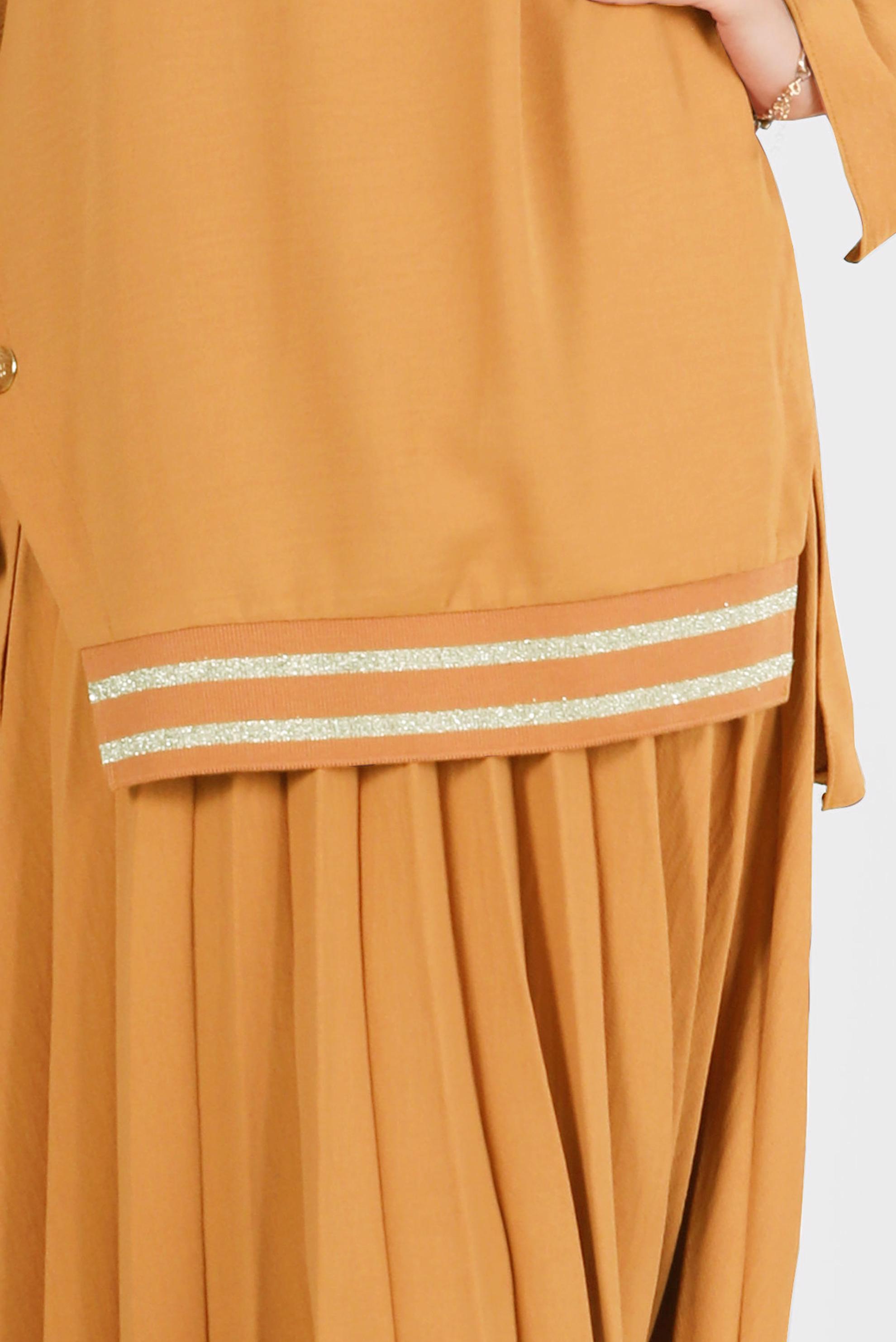 Tesettür giyim SARI SİMLİ RİBANALI DÜĞMELİ İKİLİ ETEKLİ TAKIM 42607