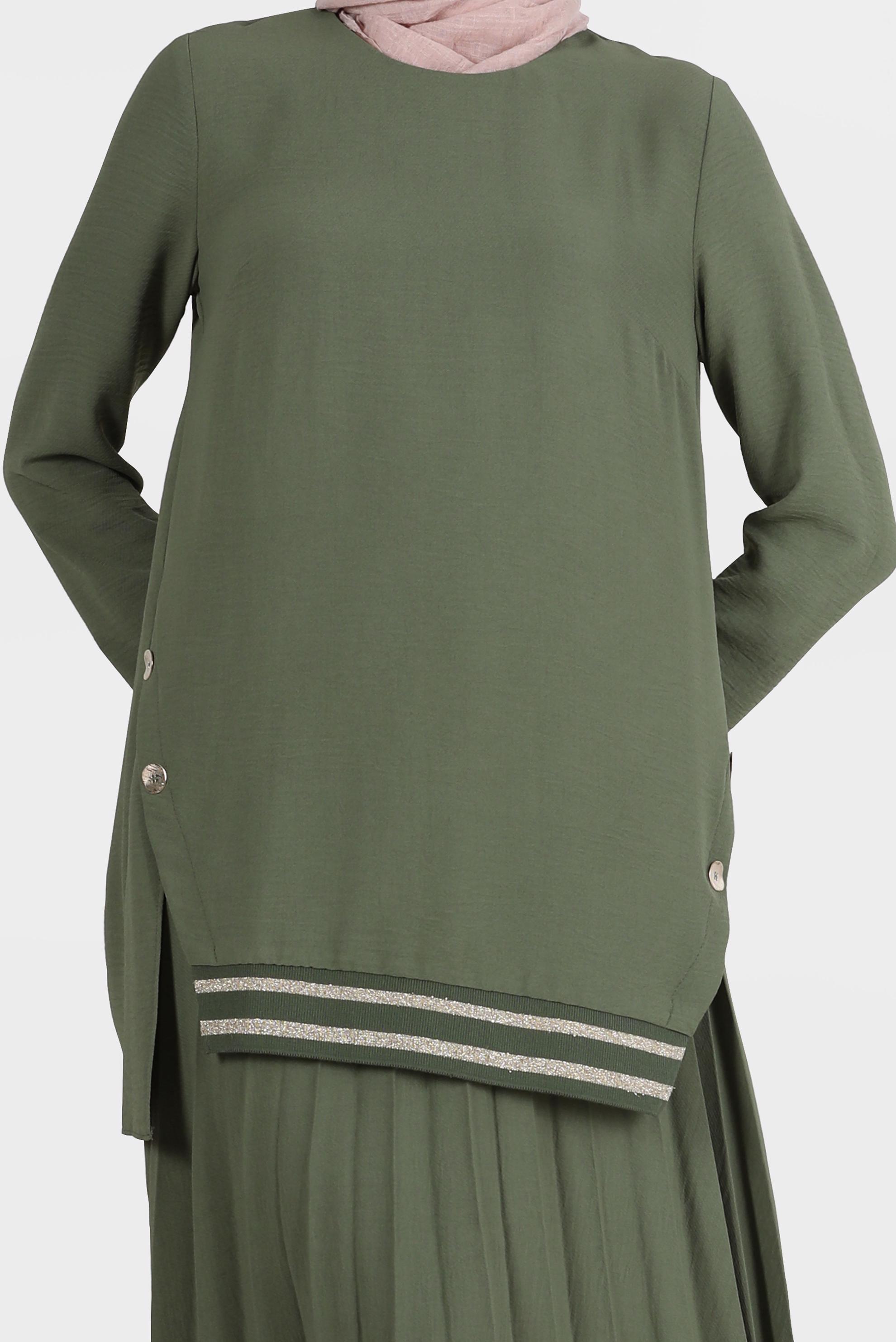 Tesettür giyim HAKİ SİMLİ RİBANALI DÜĞMELİ İKİLİ ETEKLİ TAKIM 42607