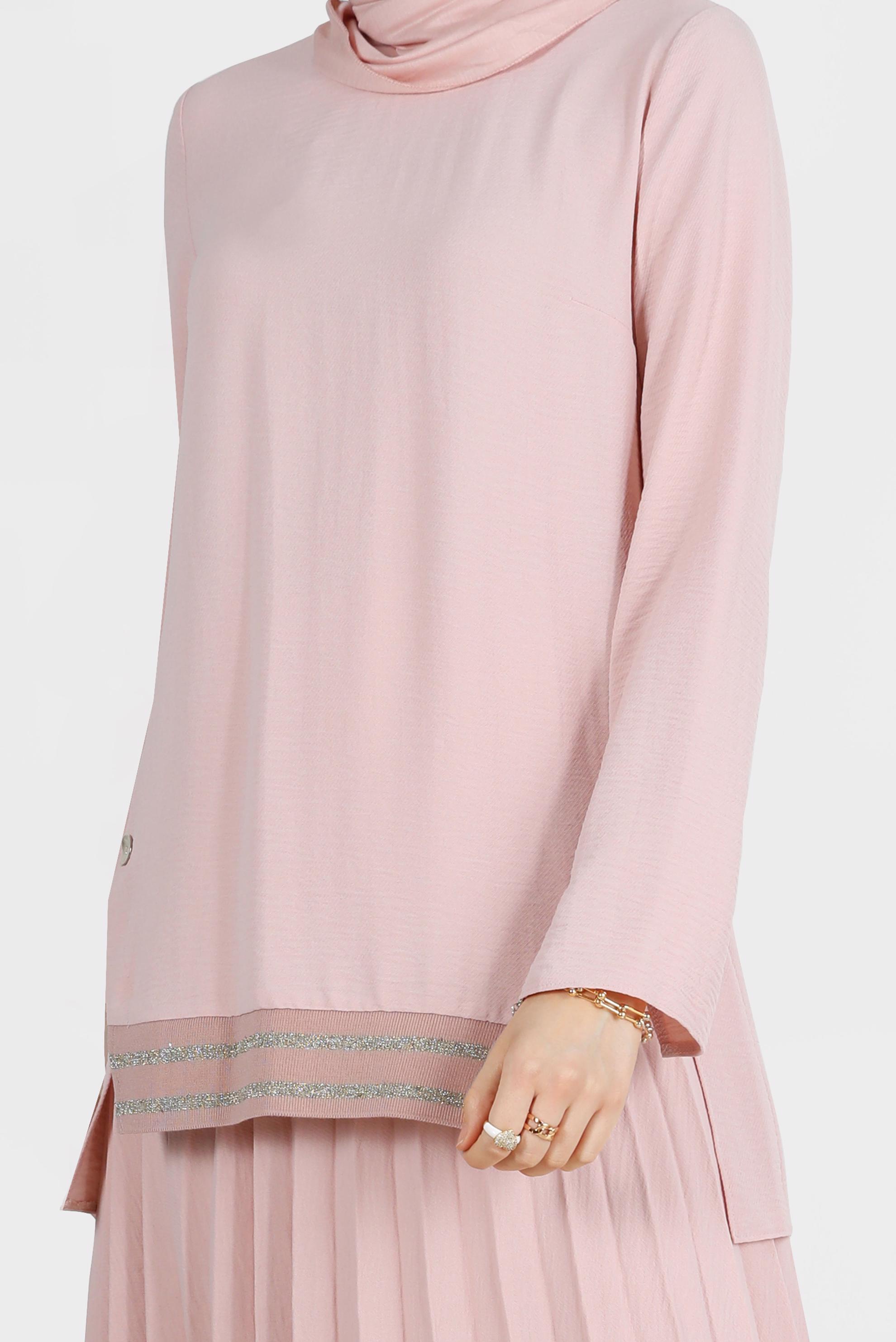 Tesettür giyim PUDRA SİMLİ RİBANALI DÜĞMELİ İKİLİ ETEKLİ TAKIM 42607