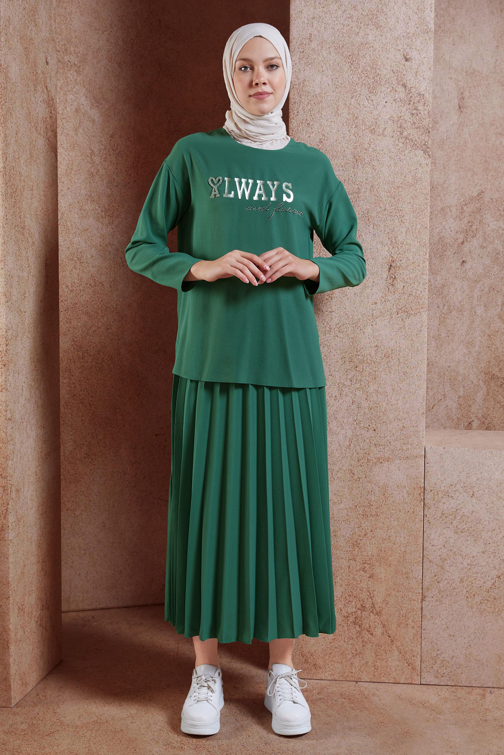 Tesettür giyim YEŞİL BASKI DETAYLI İKİLİ ETEKLİ TAKIM 42612 