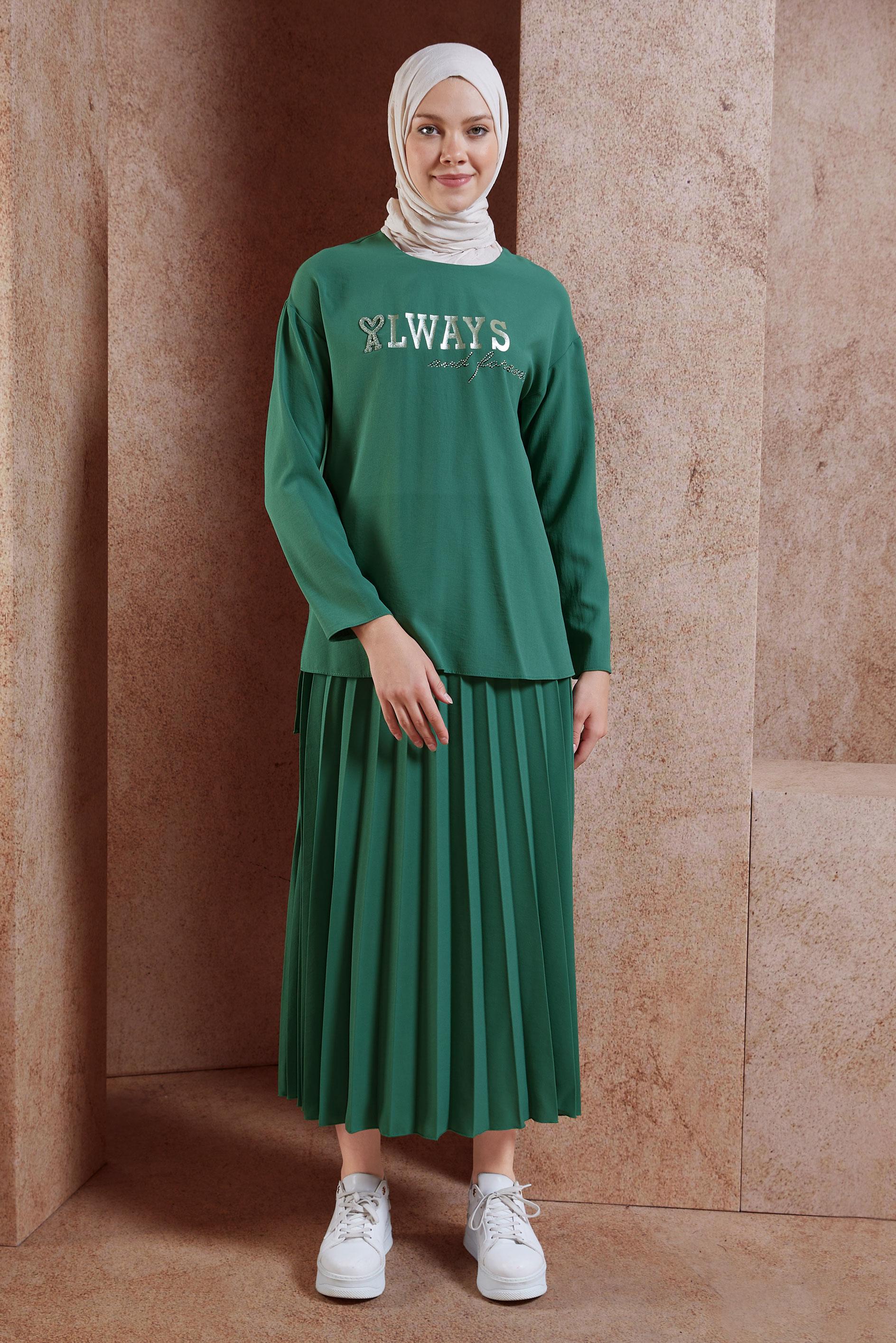 Tesettür giyim YEŞİL BASKI DETAYLI İKİLİ ETEKLİ TAKIM 42612 