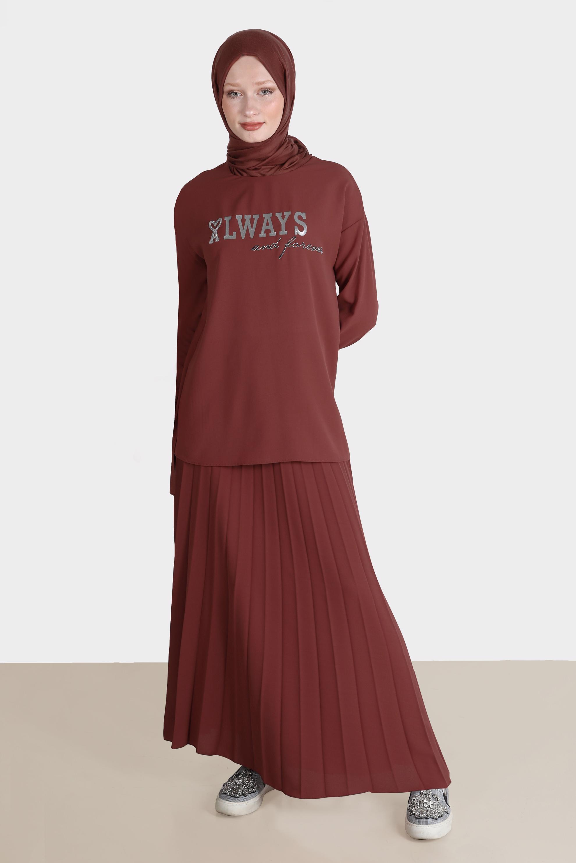 Tesettür giyim BORDO BASKI DETAYLI İKİLİ ETEKLİ TAKIM 42612 
