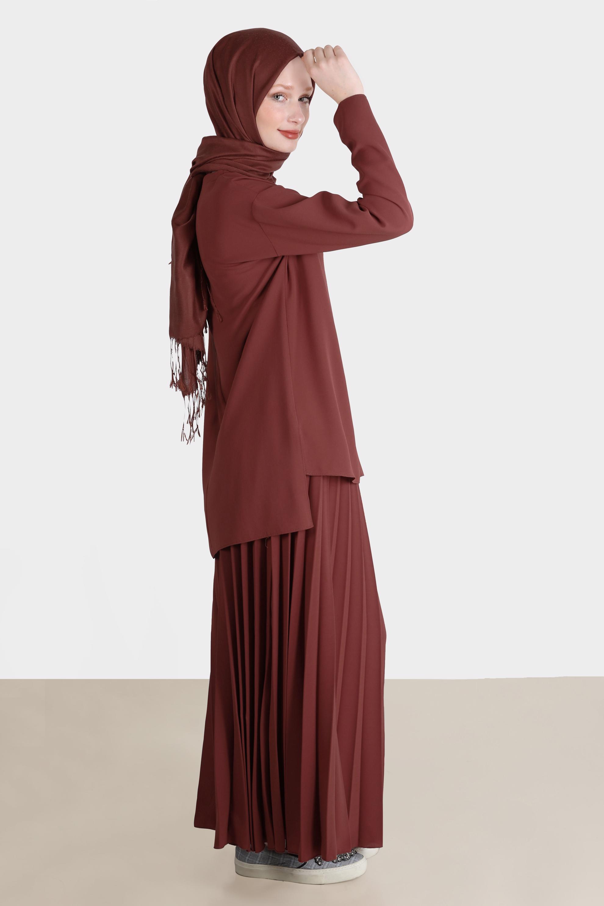 Tesettür giyim BORDO BASKI DETAYLI İKİLİ ETEKLİ TAKIM 42612 