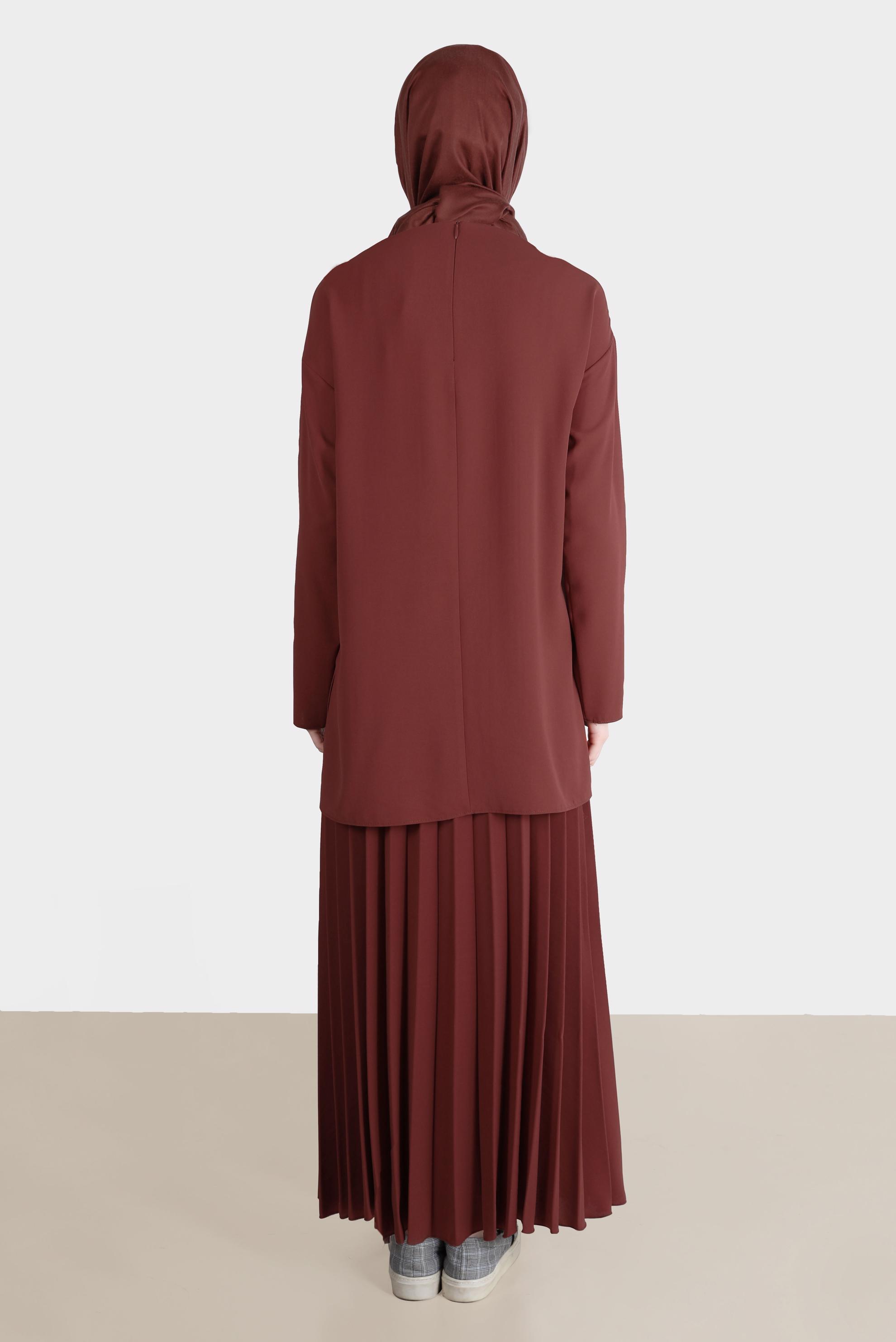 Tesettür giyim BORDO BASKI DETAYLI İKİLİ ETEKLİ TAKIM 42612 