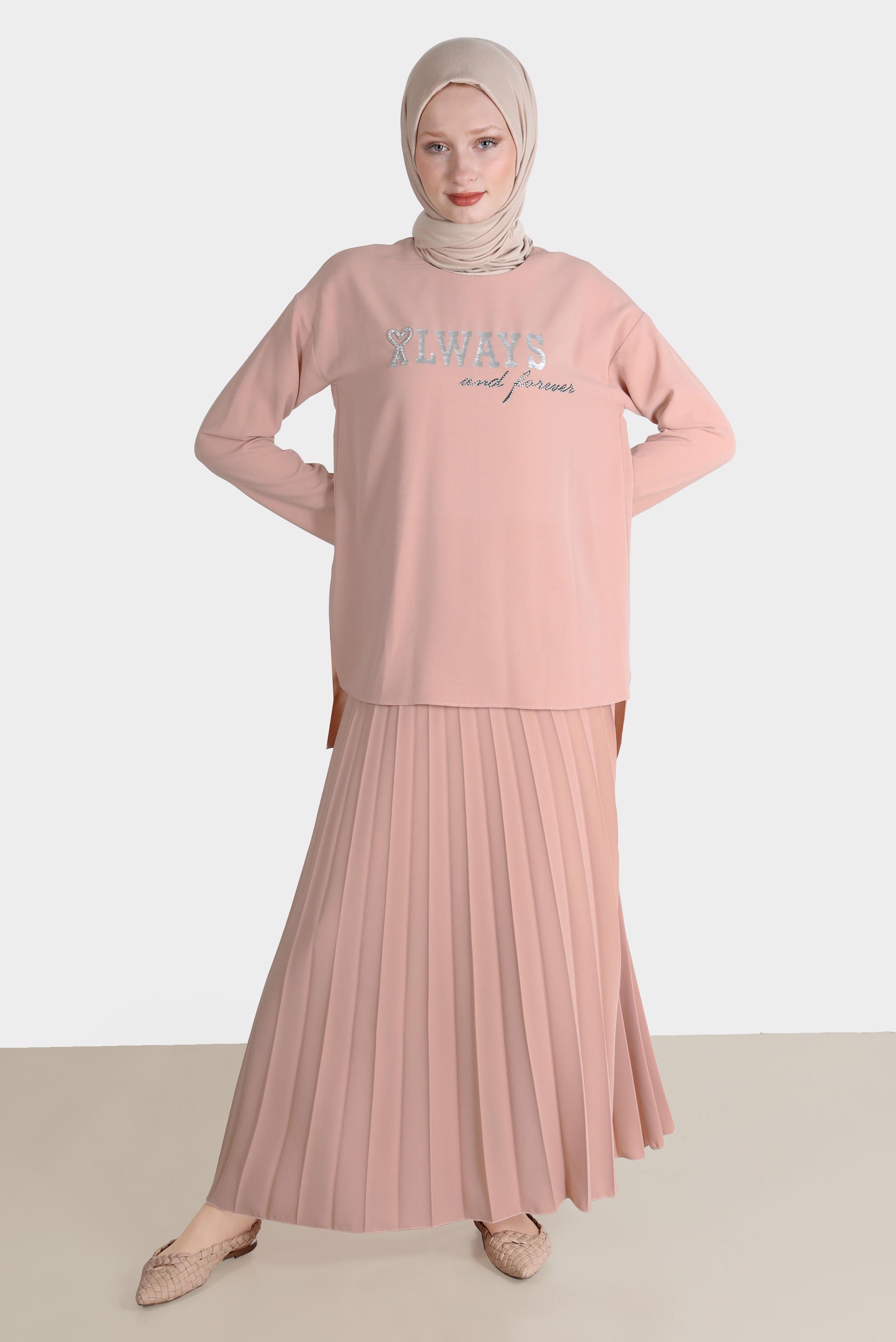 Tesettür giyim PUDRA BASKI DETAYLI İKİLİ ETEKLİ TAKIM 42612 