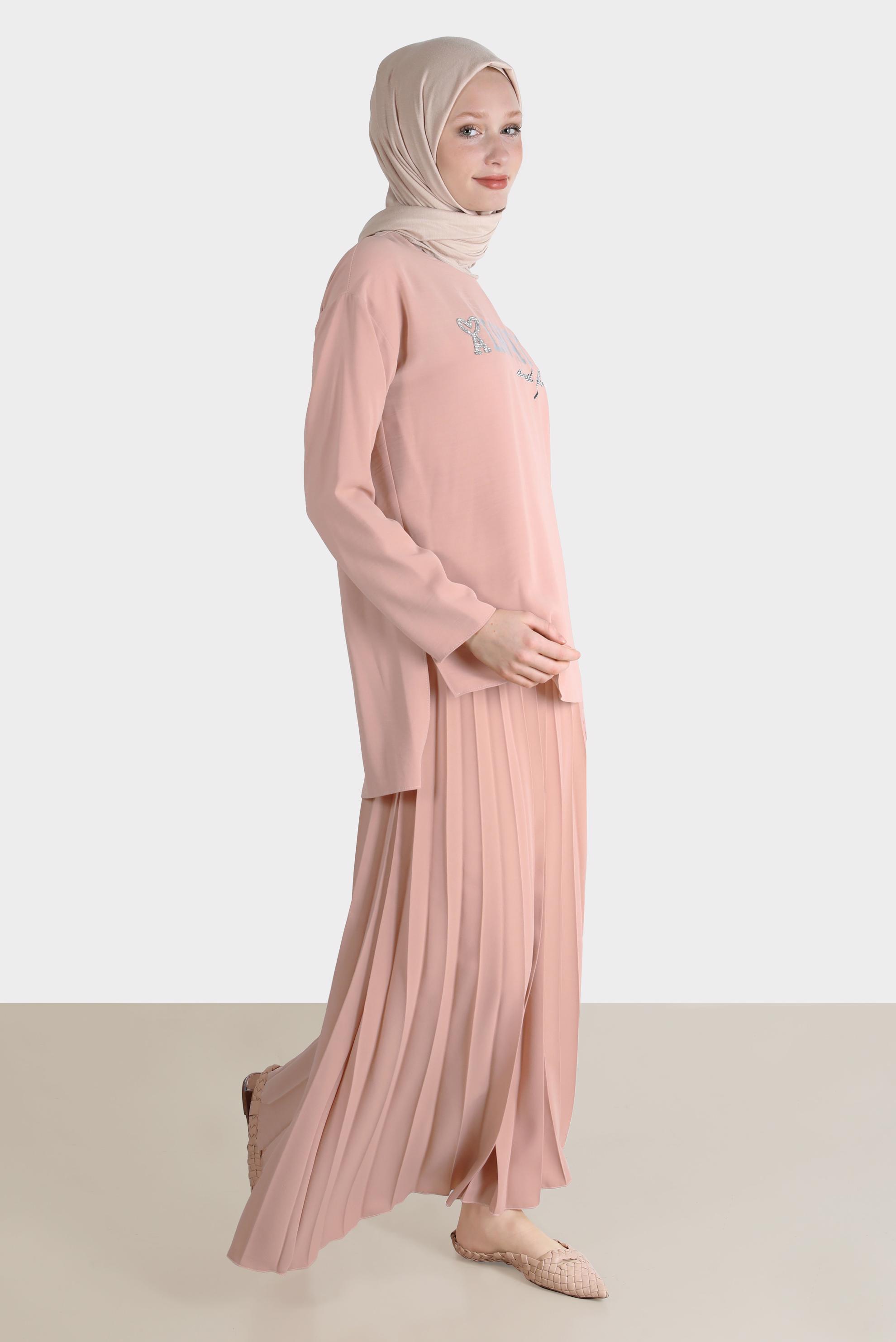 Tesettür giyim PUDRA BASKI DETAYLI İKİLİ ETEKLİ TAKIM 42612 