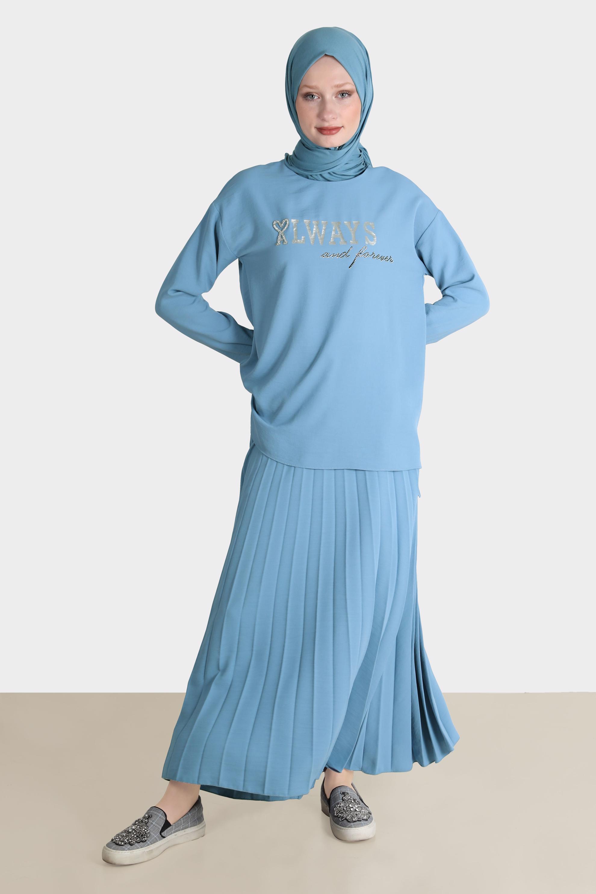 Tesettür giyim MAVİ BASKI DETAYLI İKİLİ ETEKLİ TAKIM 42612 