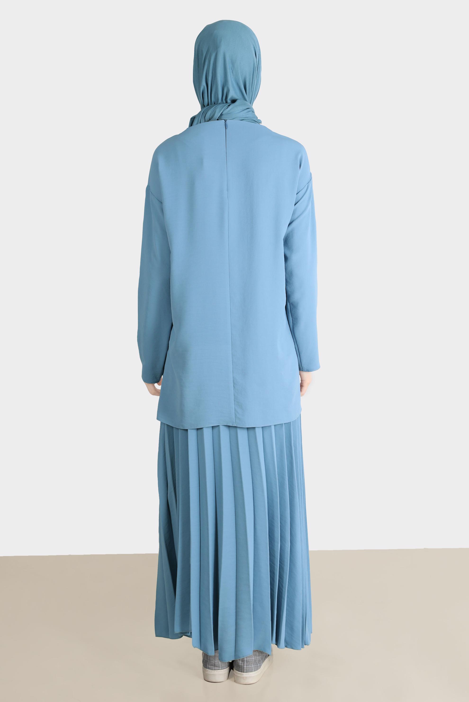 Tesettür giyim MAVİ BASKI DETAYLI İKİLİ ETEKLİ TAKIM 42612 