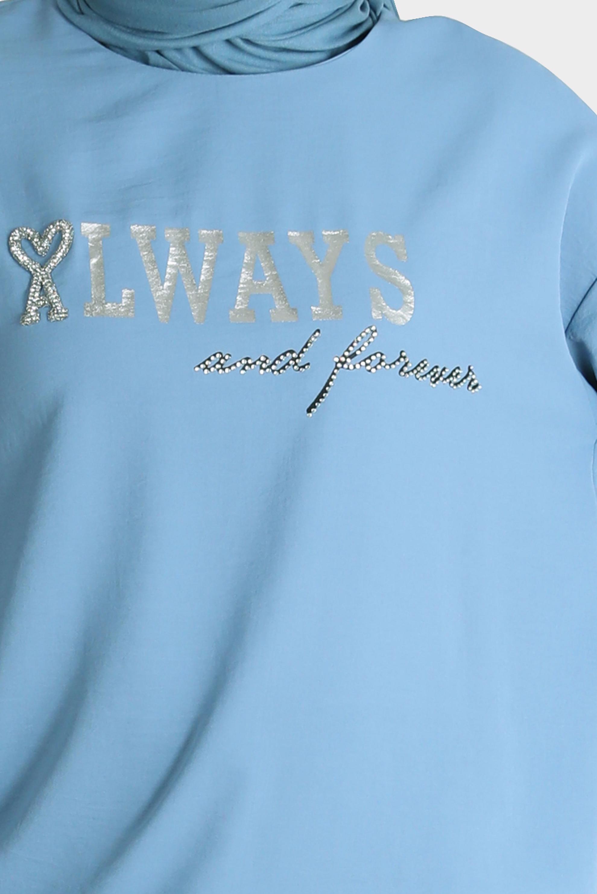 Tesettür giyim MAVİ BASKI DETAYLI İKİLİ ETEKLİ TAKIM 42612 