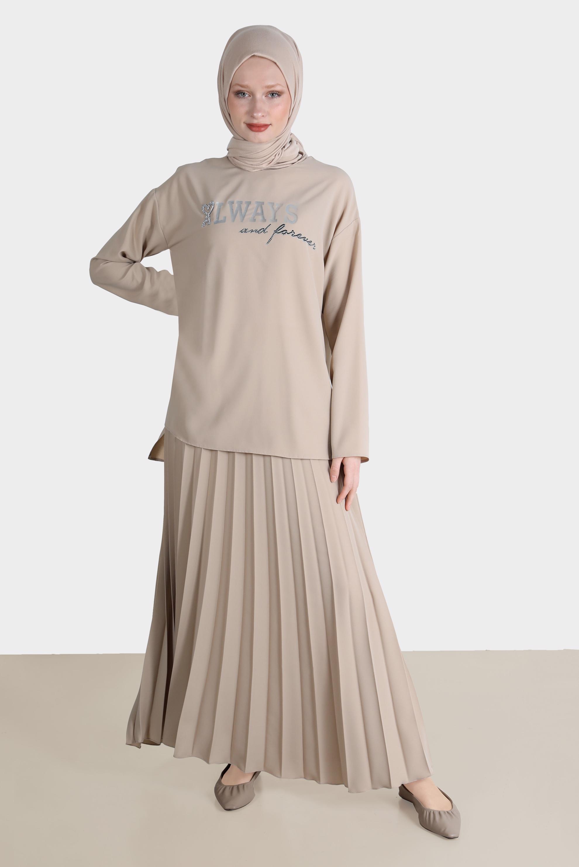 Tesettür giyim VİZON BASKI DETAYLI İKİLİ ETEKLİ TAKIM 42612 