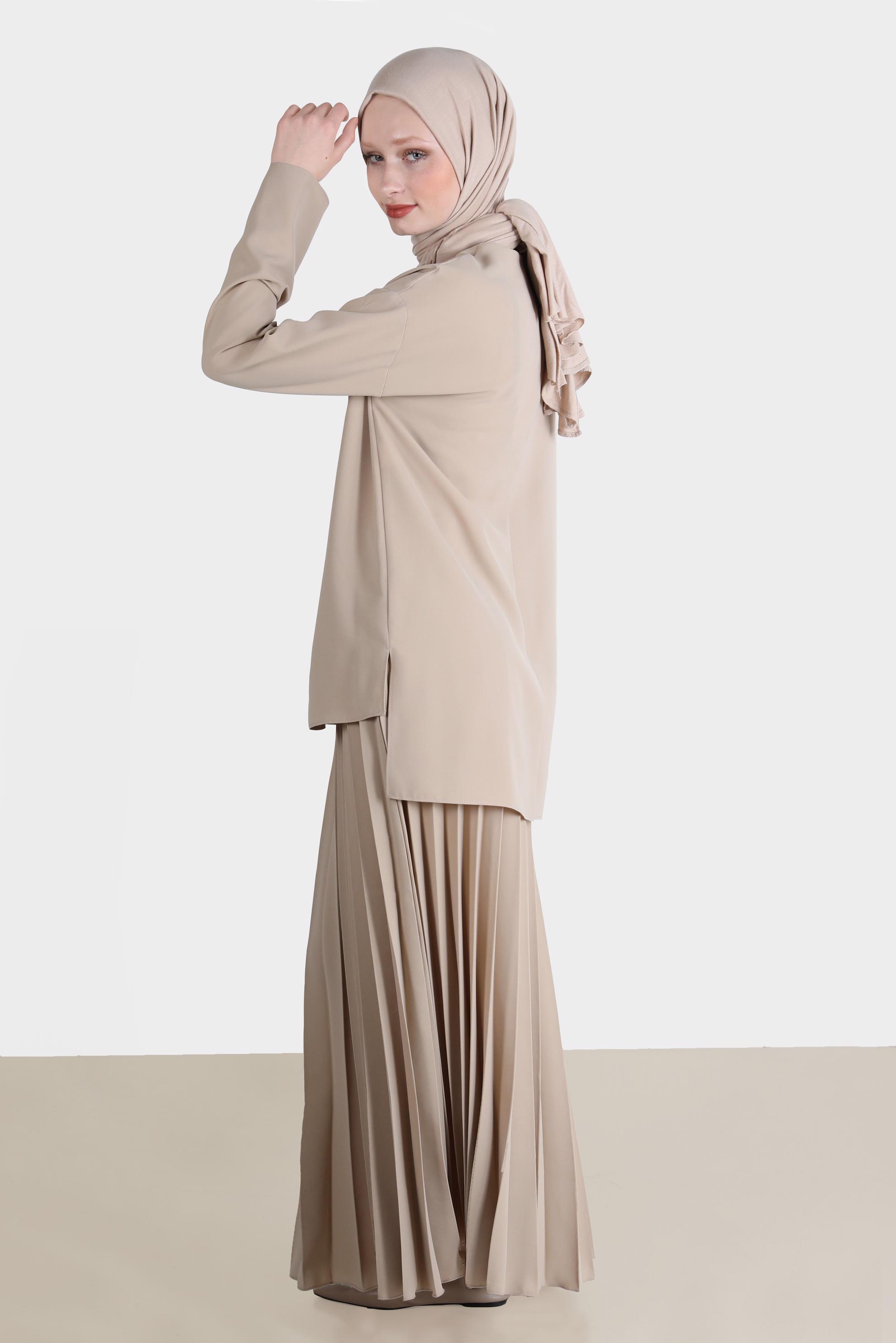 Tesettür giyim VİZON BASKI DETAYLI İKİLİ ETEKLİ TAKIM 42612 