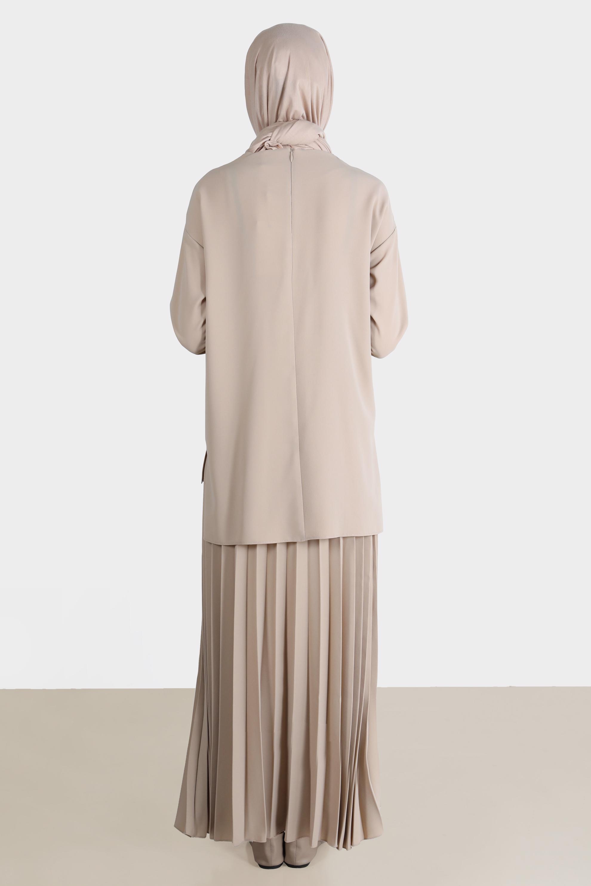 Tesettür giyim VİZON BASKI DETAYLI İKİLİ ETEKLİ TAKIM 42612 