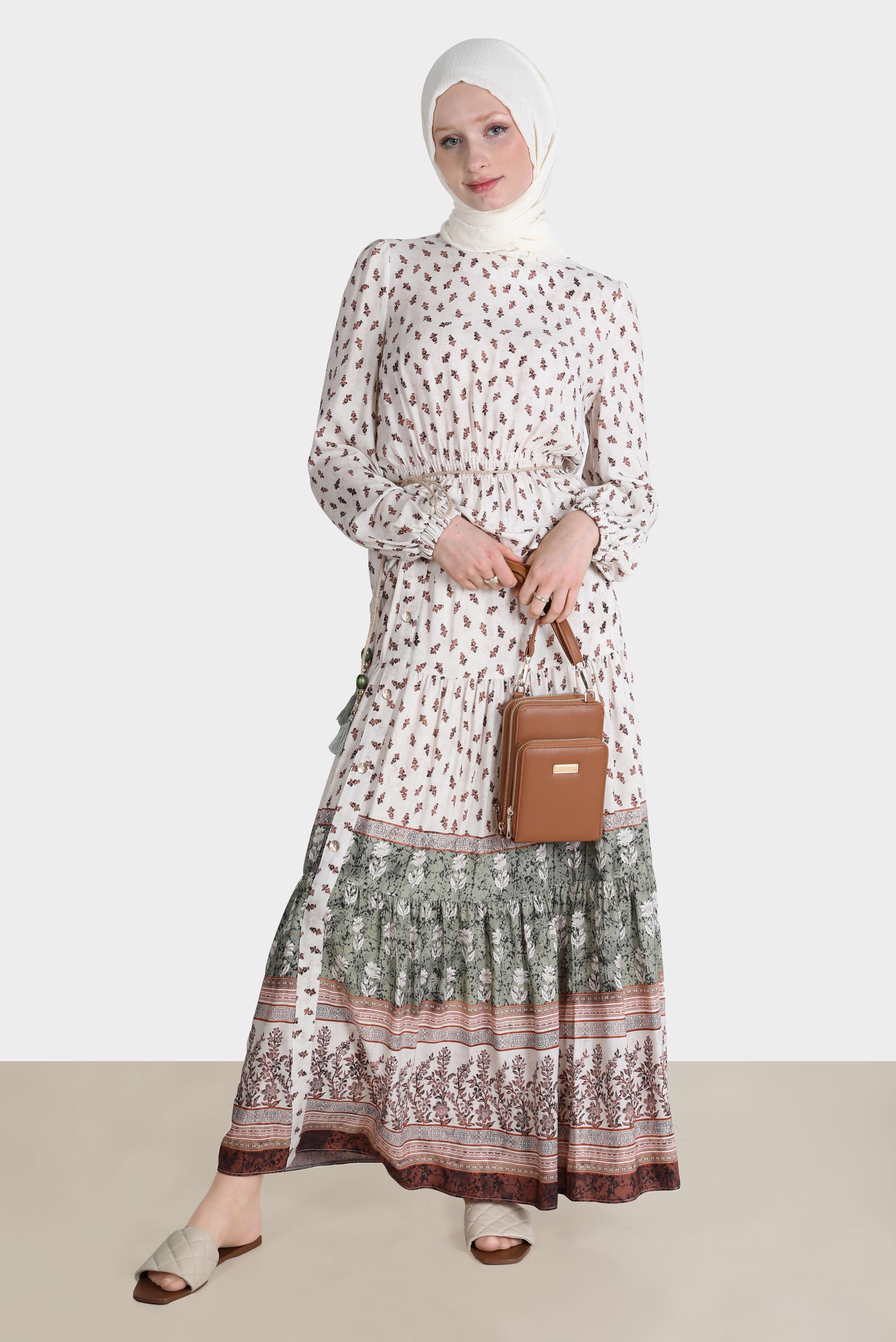 Tesettür giyim HAKİ ETNİK DESENLİ İKİLİ ETEKLİ TAKIM 42643 