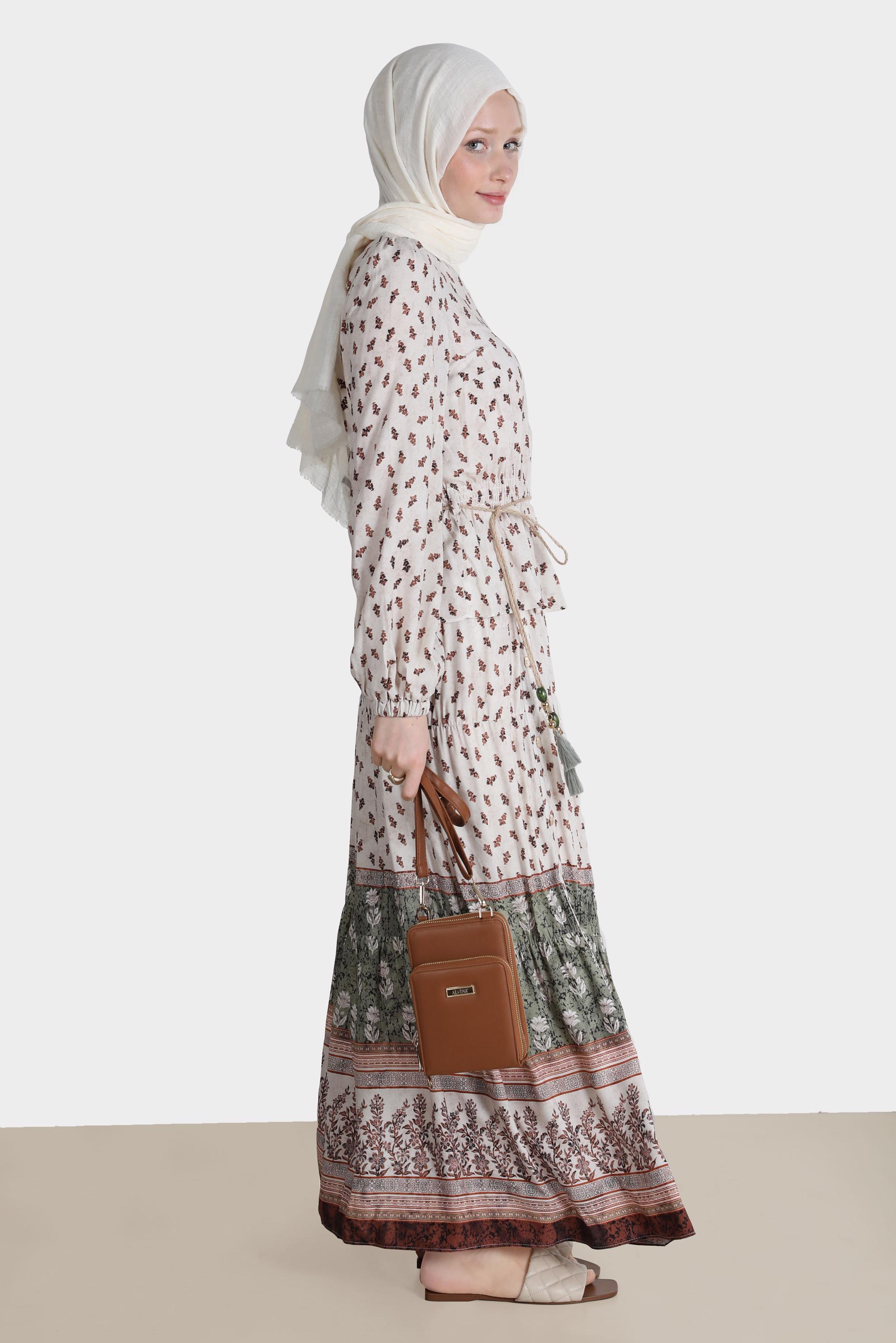 Tesettür giyim HAKİ ETNİK DESENLİ İKİLİ ETEKLİ TAKIM 42643 