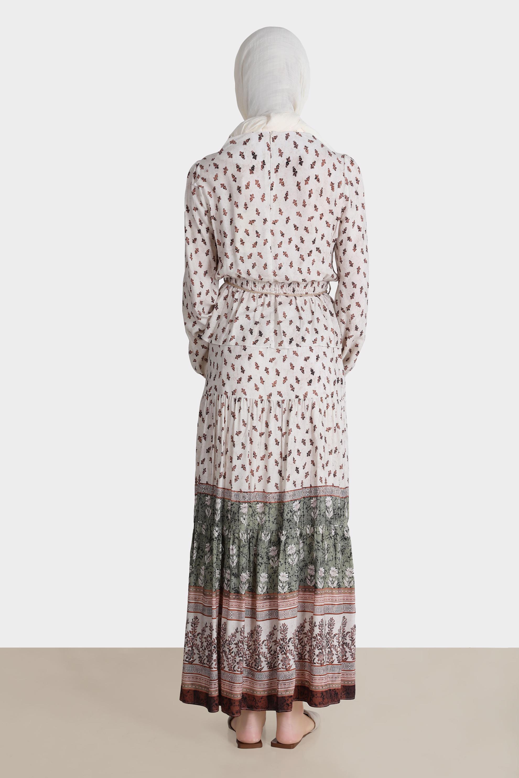 Tesettür giyim HAKİ ETNİK DESENLİ İKİLİ ETEKLİ TAKIM 42643 