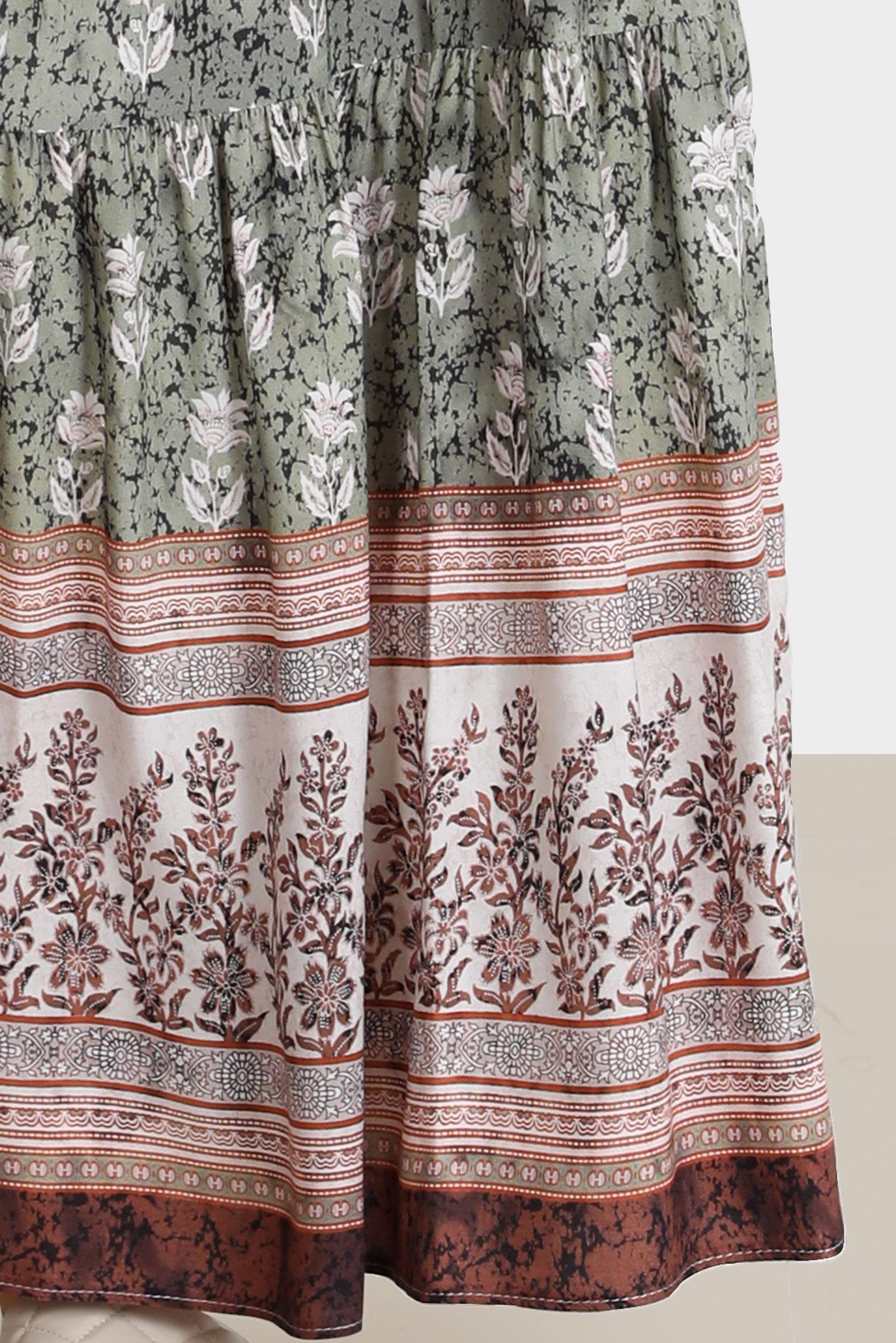 Tesettür giyim HAKİ ETNİK DESENLİ İKİLİ ETEKLİ TAKIM 42643 